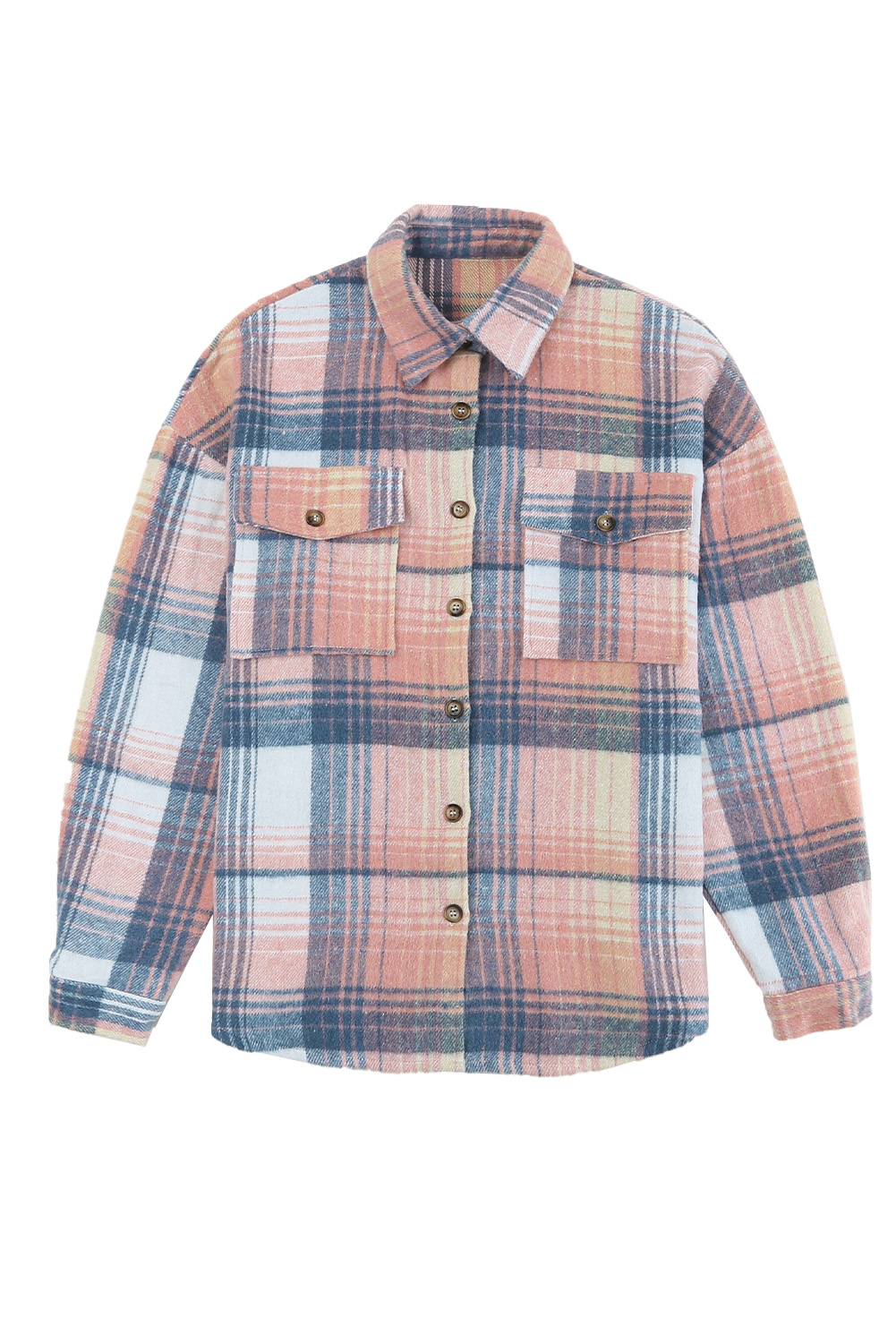 Pink Plaid Print Chest Pocket Long Sleeve Shacket