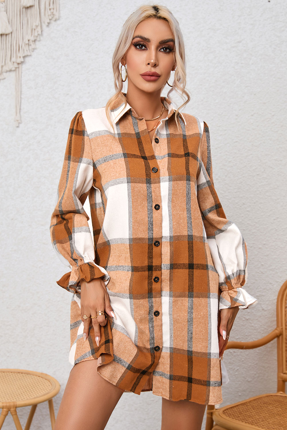 Plaid Collared Neck Long Sleeve Shirt with Chest Pockets