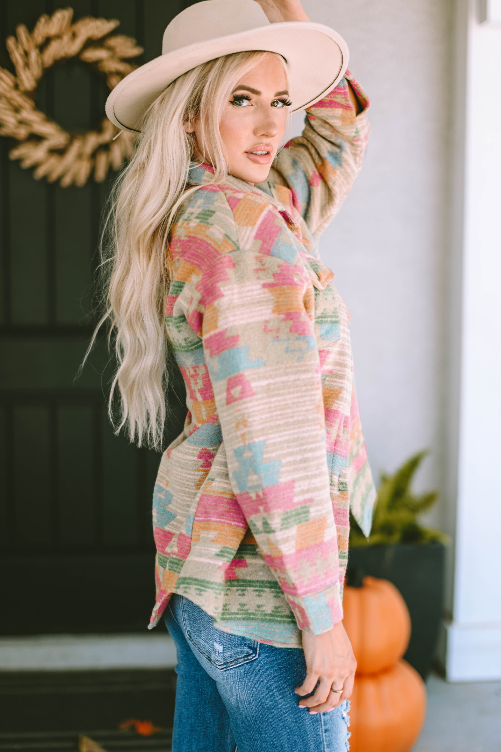 Western Aztec Pattern Fleece Button-Up Shacket