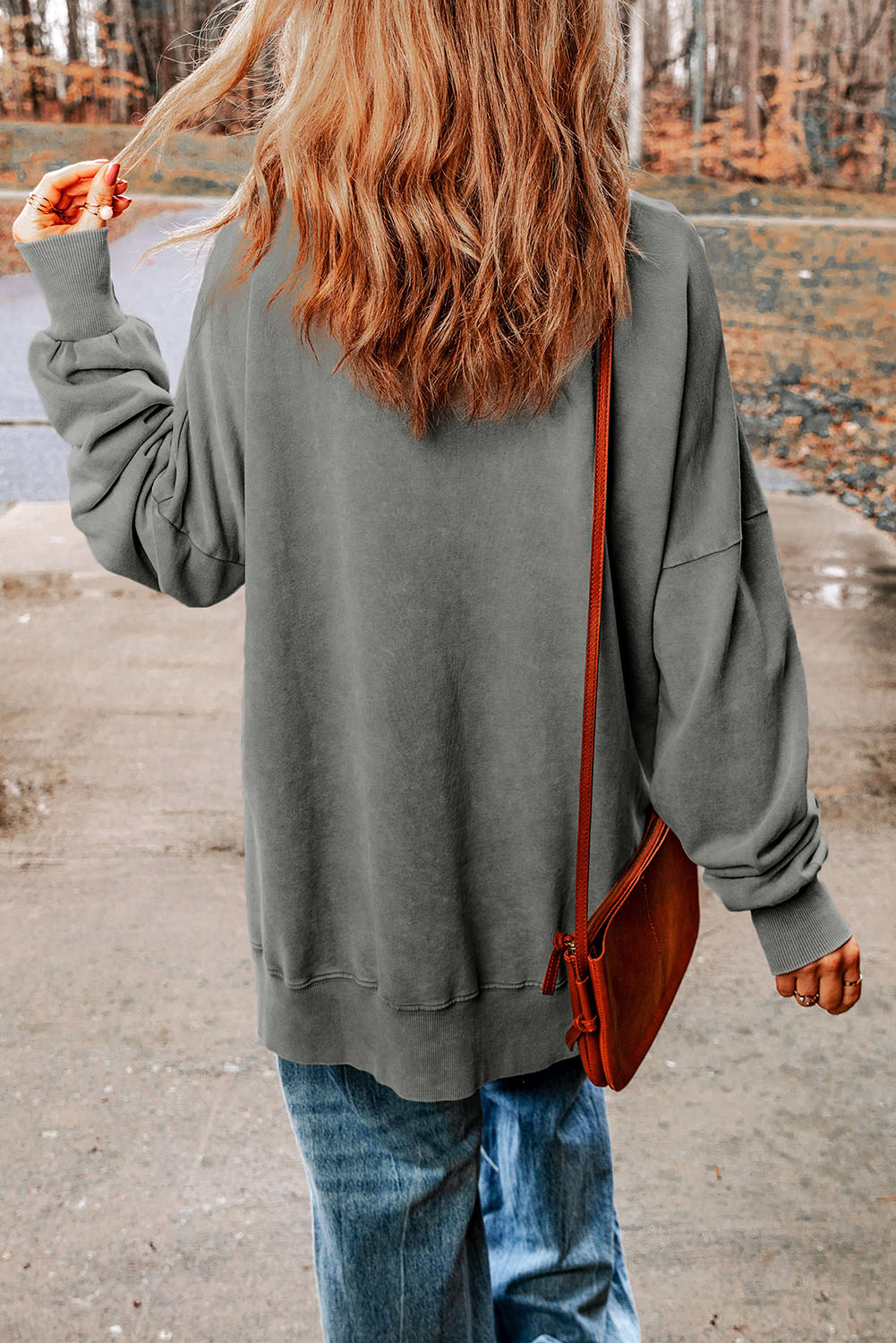 Smoke Gray Ribbed Contrast Neckline Drop Sleeve Sweater