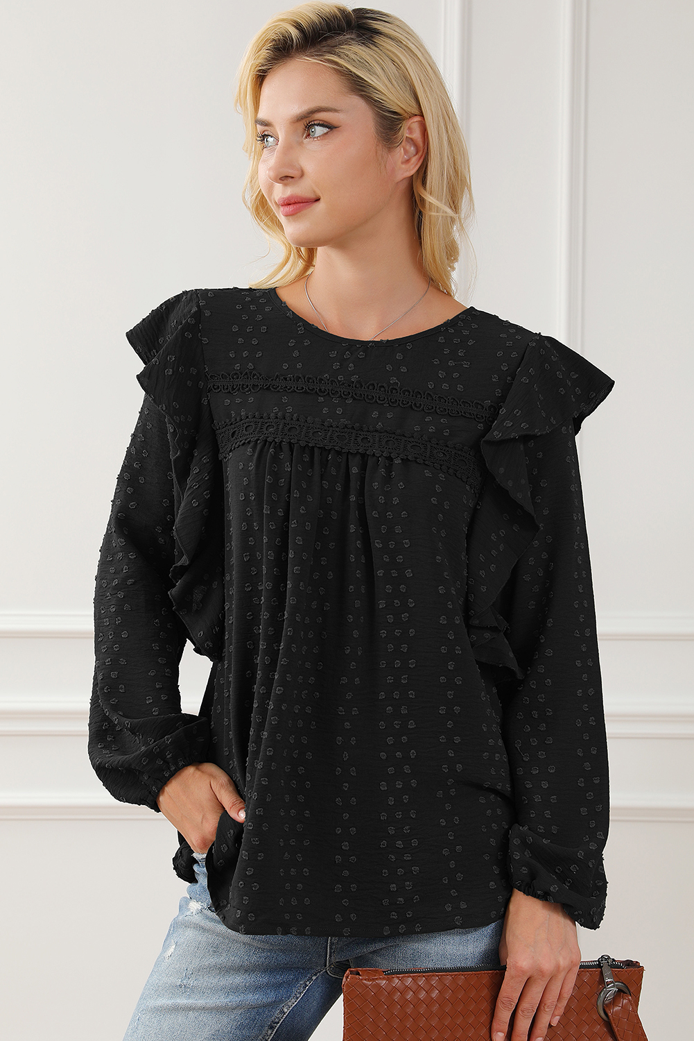 3020207 Black Lace Ruffle Blouse