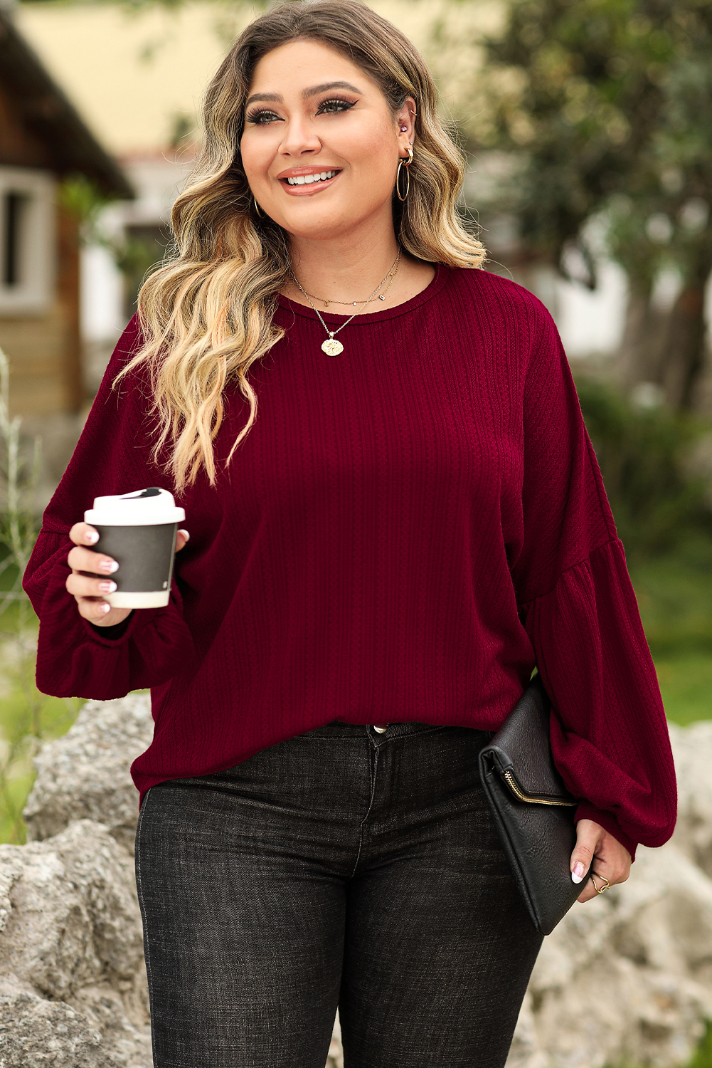 Plus Size High Waist Balloon Pants & Top Set (Red) main image 0