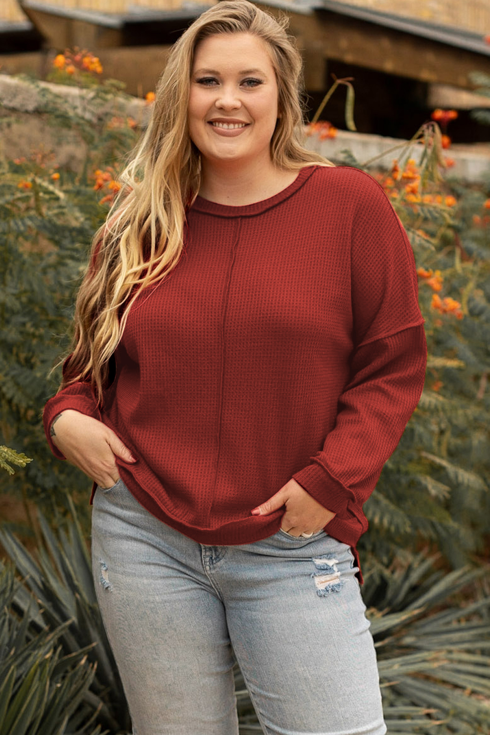 $ 6.06 - Wholesale Gold Flame Exposed Seam Detail Waffle Knit Plus Size Top