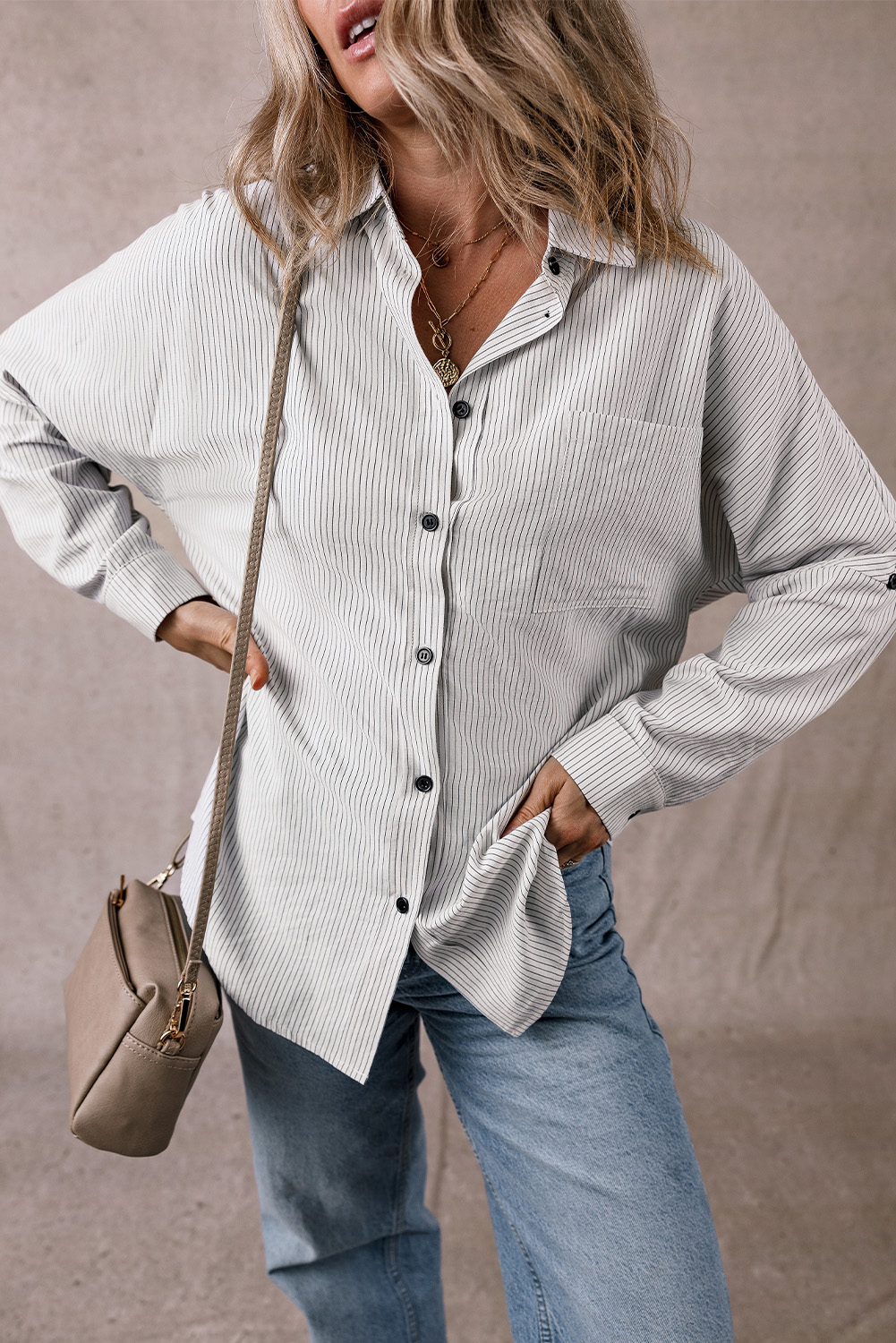 Men Striped Roll Tab Sleeve Shirt