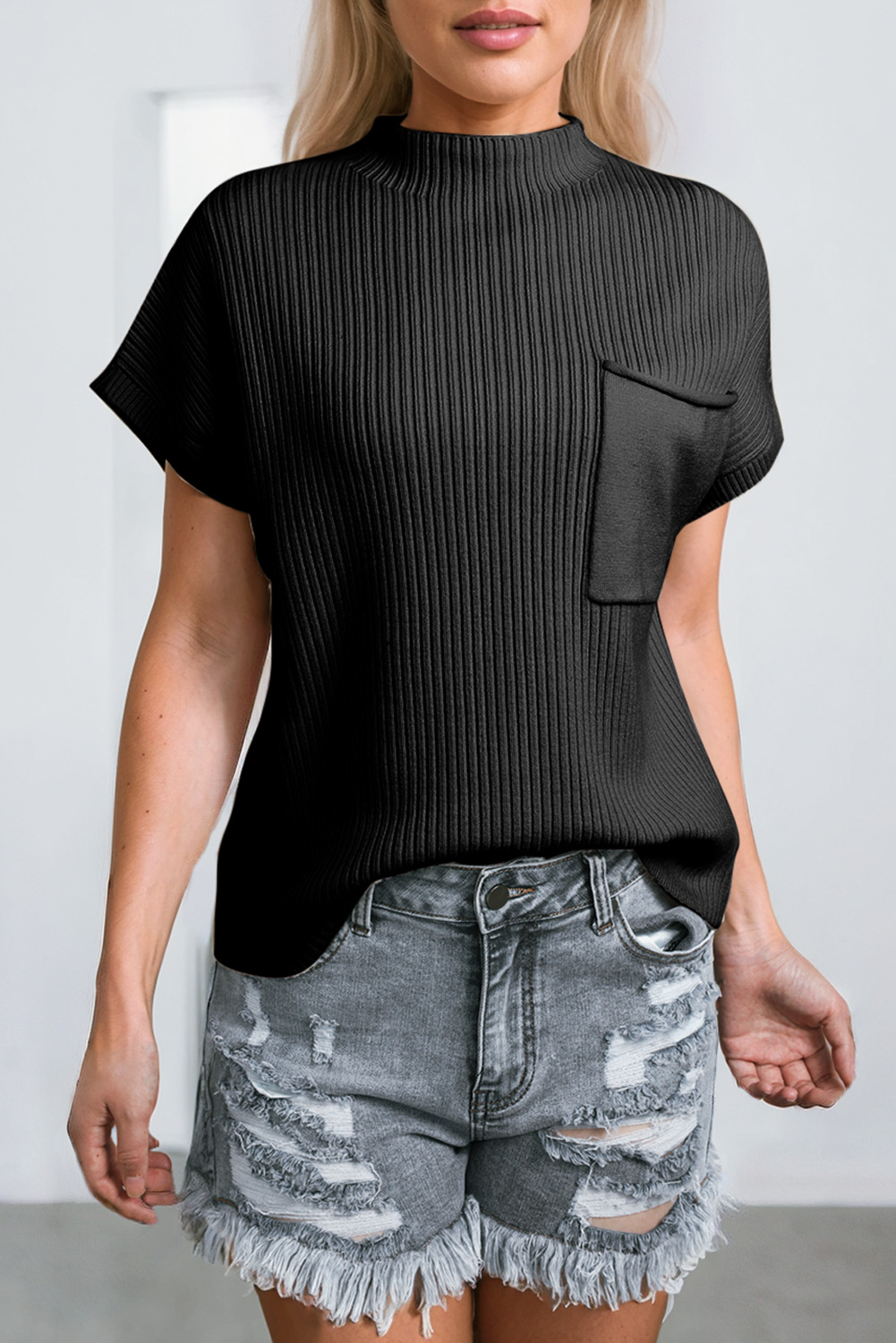 Green Patch Pocket Ribbed Knit Sweater