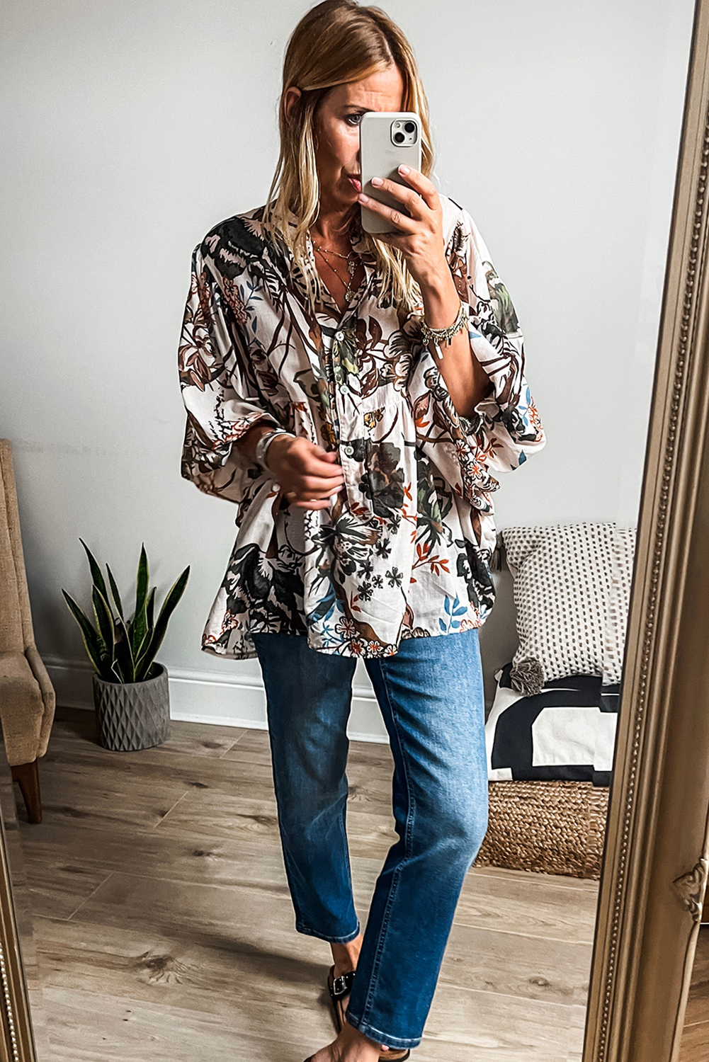 Print Buttoned Balloon Sleeve Loose Fit Shirt