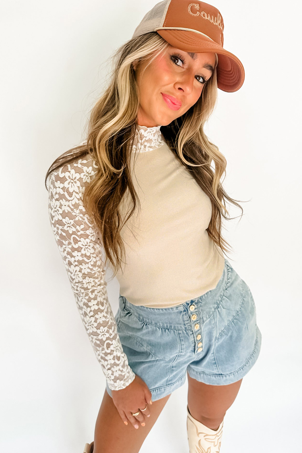Ruffle Layered High Neck Top - Beige main image 1
