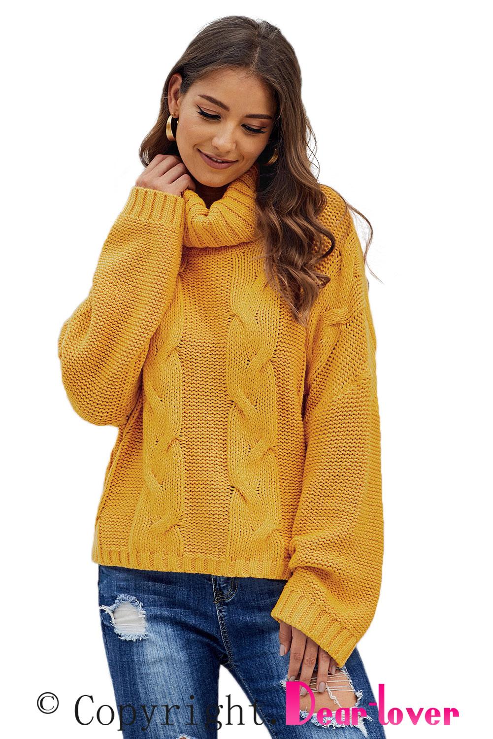 Yellow Cuddle Weather Cable Knit Handmade Turtleneck Sweater