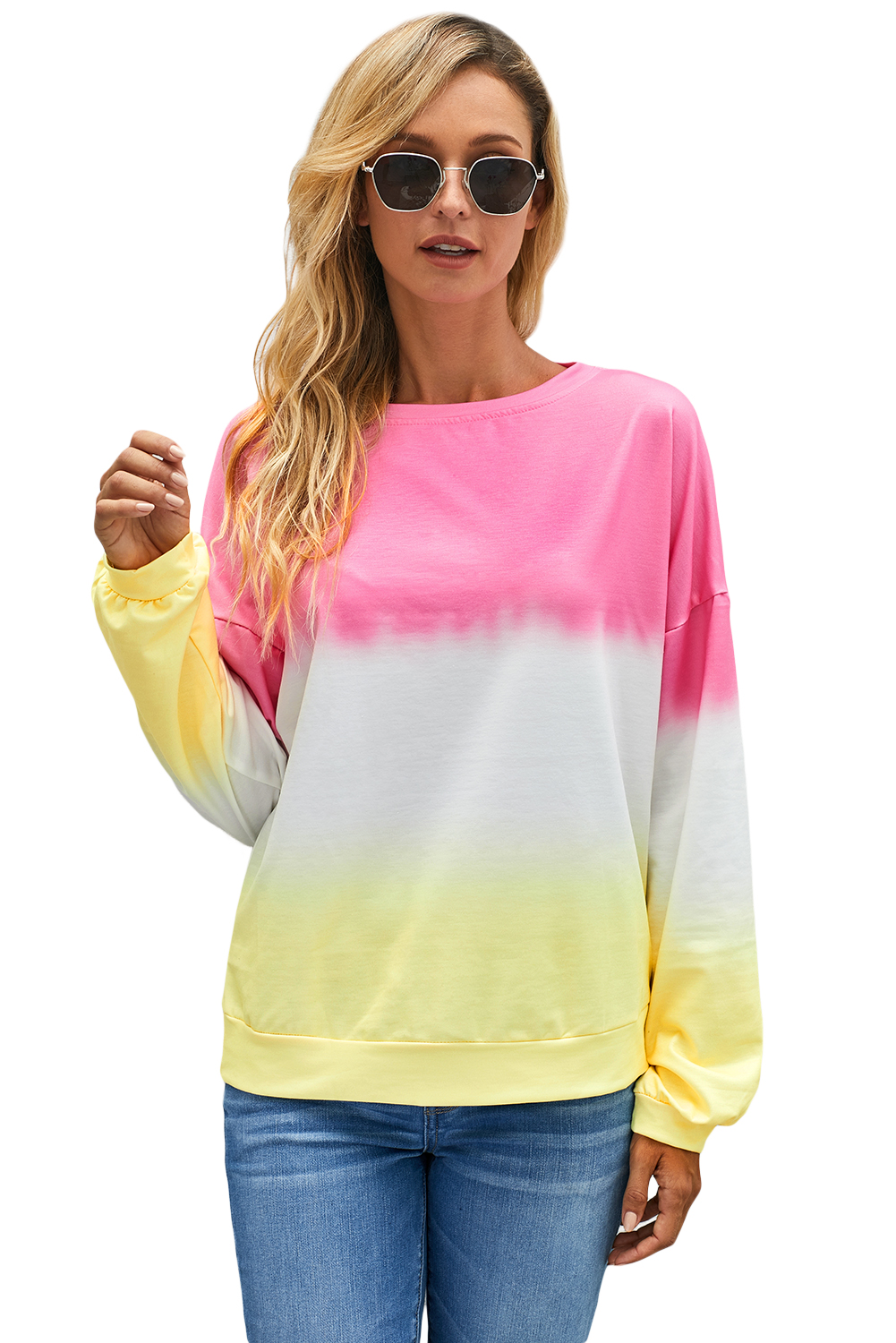 499 Pink Color Block Tie Dye Pullover Sweatshirt Wholesale 6221