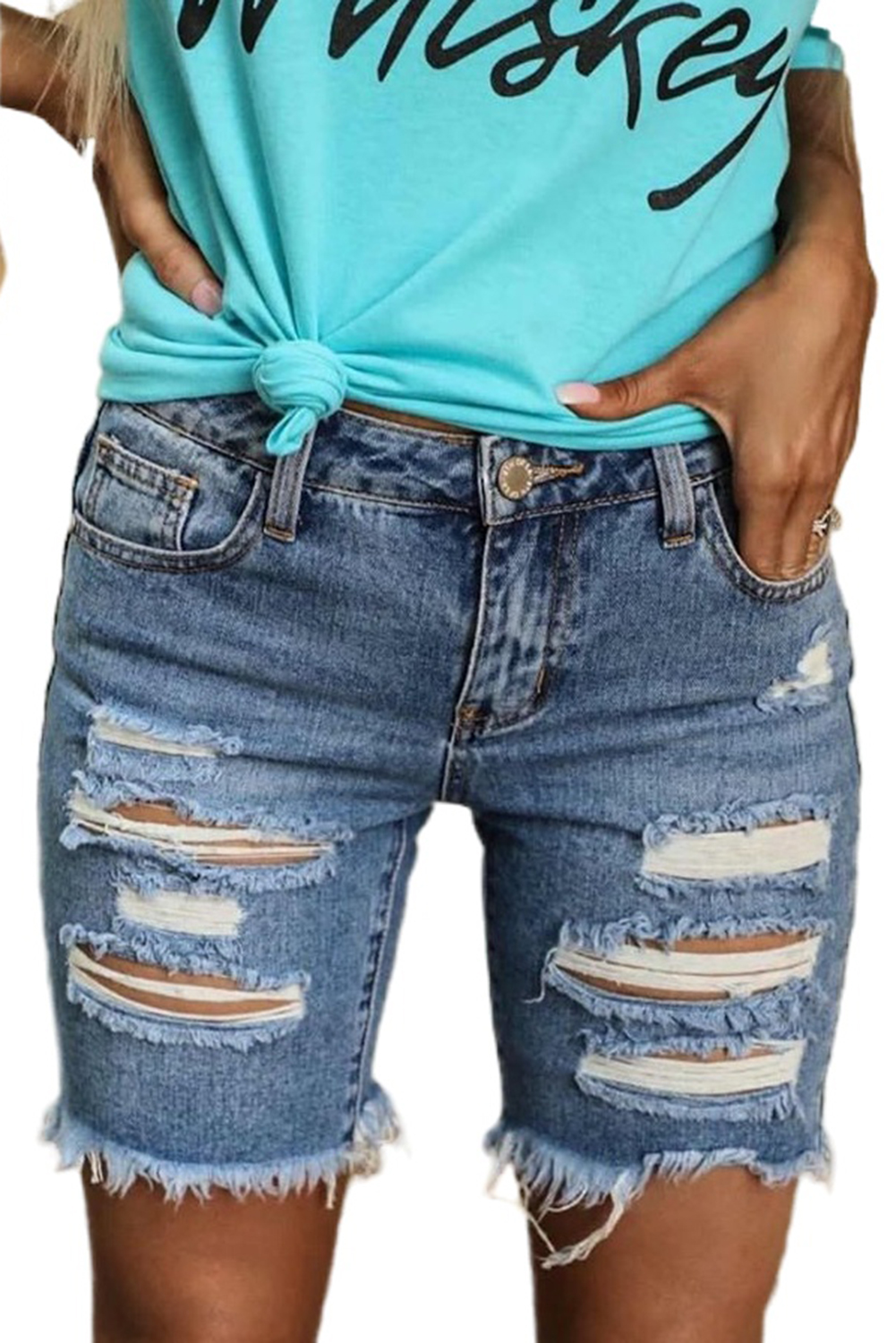 Distressed Frayed Hem Denim Shorts
