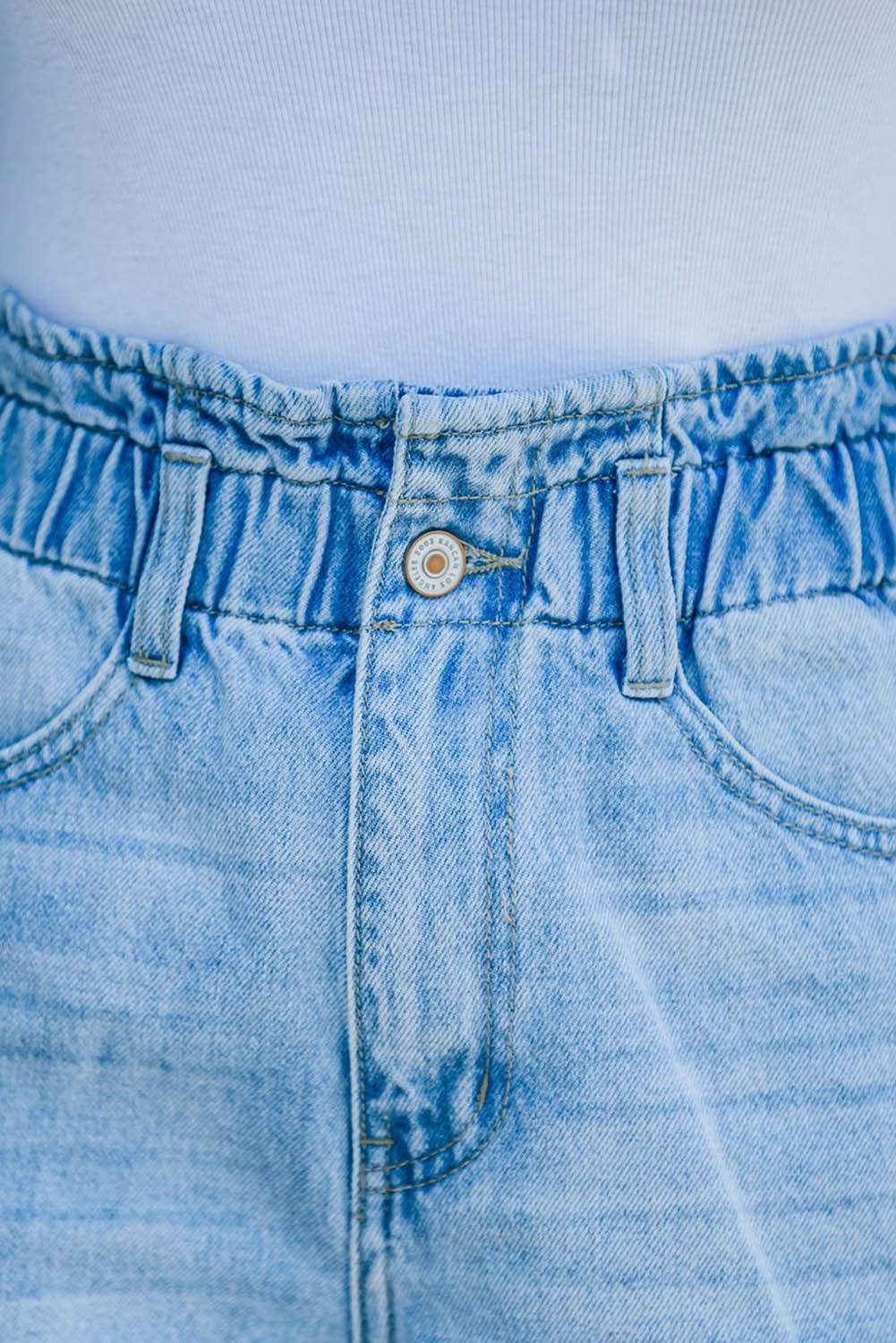 8.49 Light Blue Paper Bag High Waist Denim Shorts Wholesale
