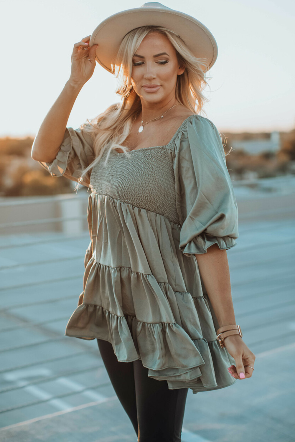 Pre-Order Green Ruffle Tiered Short Sleeve Plus Size Babydoll Top main image 1