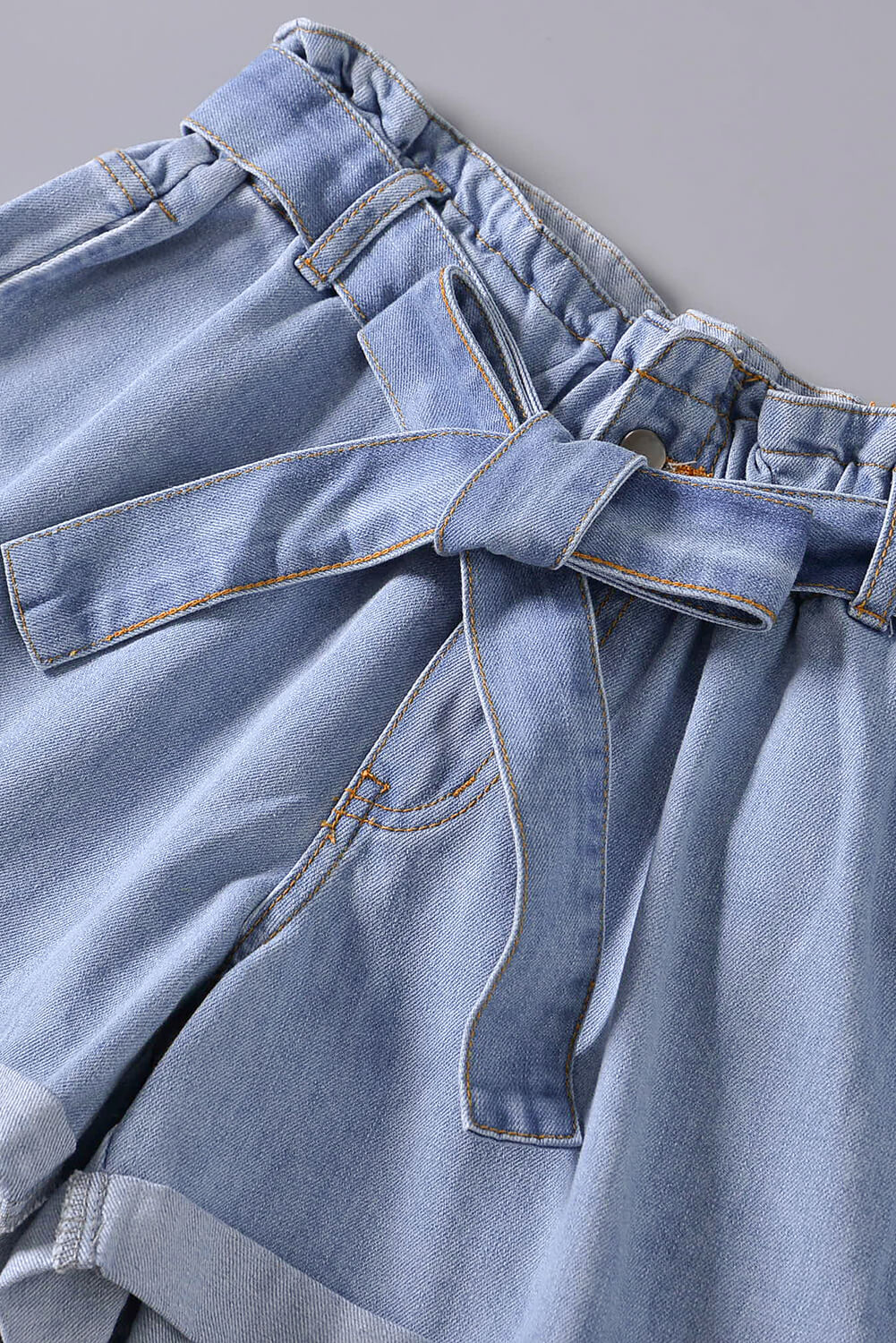 9.4 Light Blue Paper Bag Waist Denim Shorts Wholesale