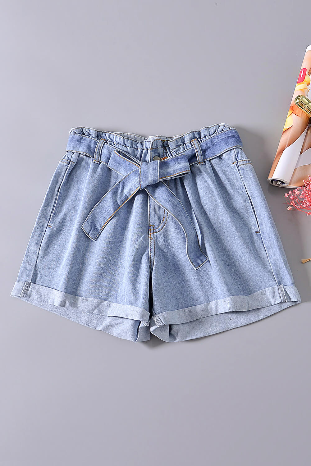 9.4 Light Blue Paper Bag Waist Denim Shorts Wholesale