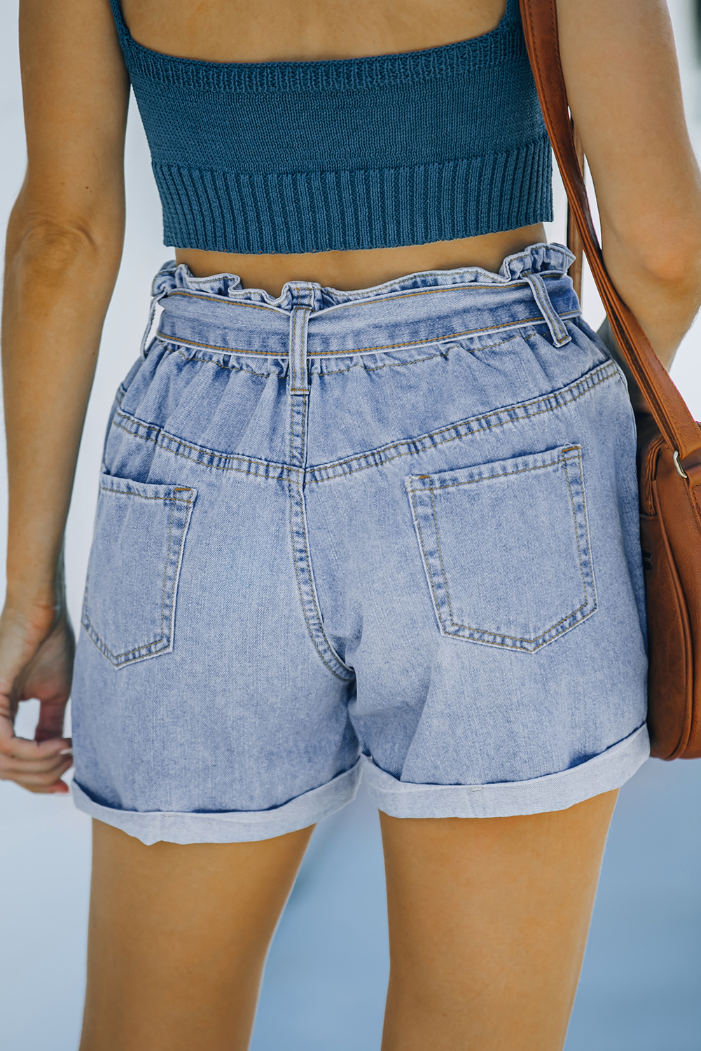 9.4 Light Blue Paper Bag Waist Denim Shorts Wholesale