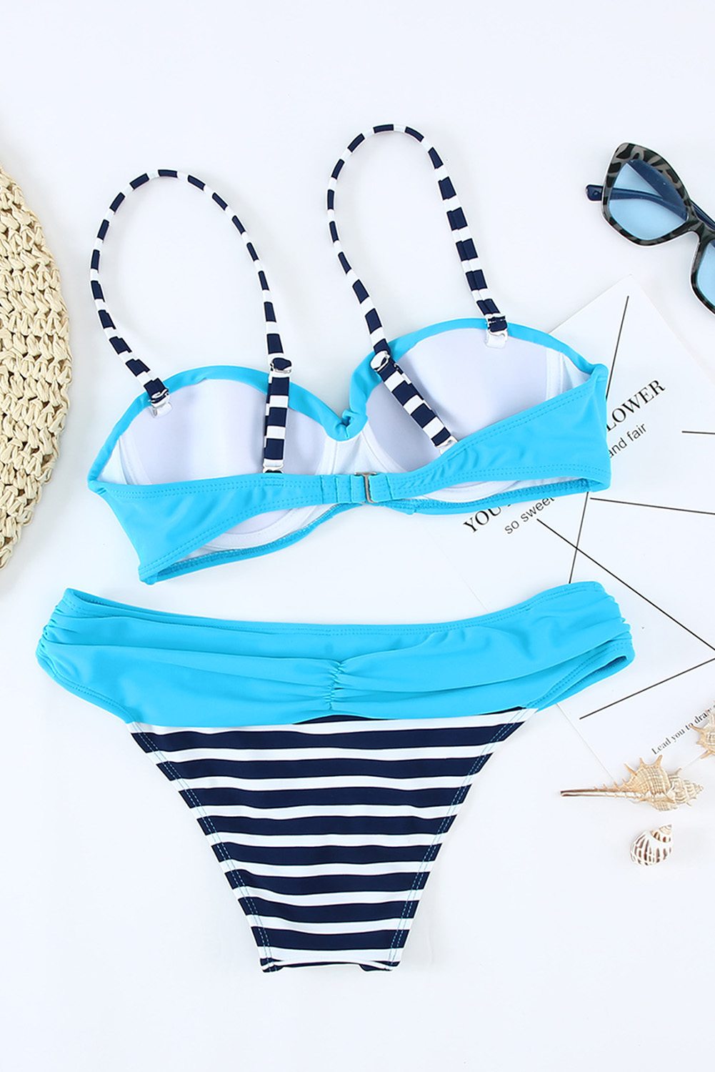 Striped Blue Padded Gather Push Up Bikini Set Wholesale