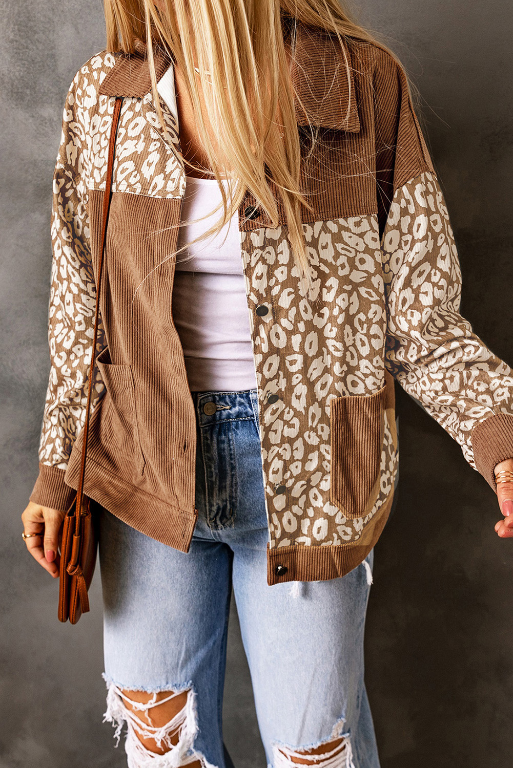 Leopard Corduroy Irregular Hem Jacket