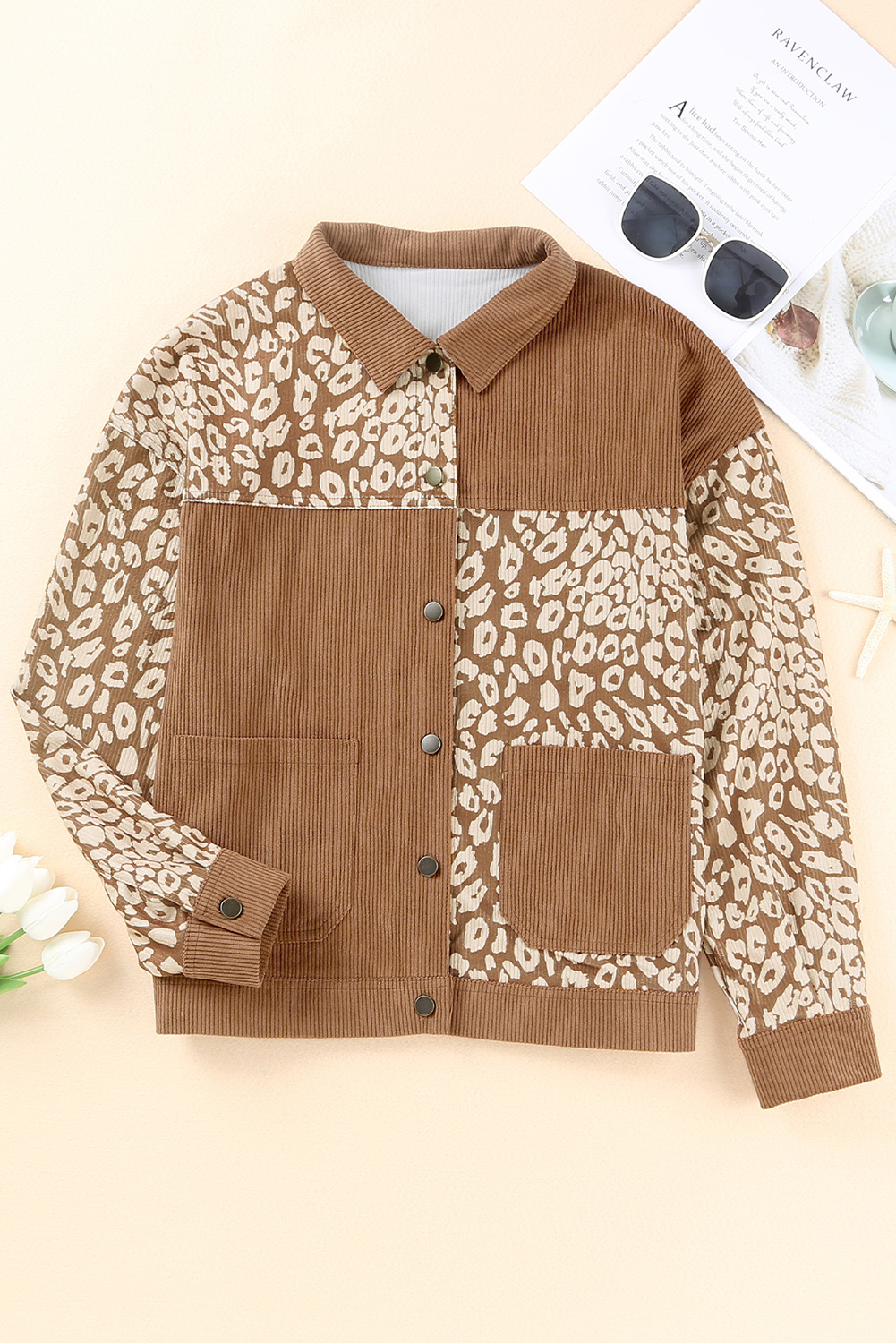 Leopard Print Detail Pocketed Corduroy Jacket