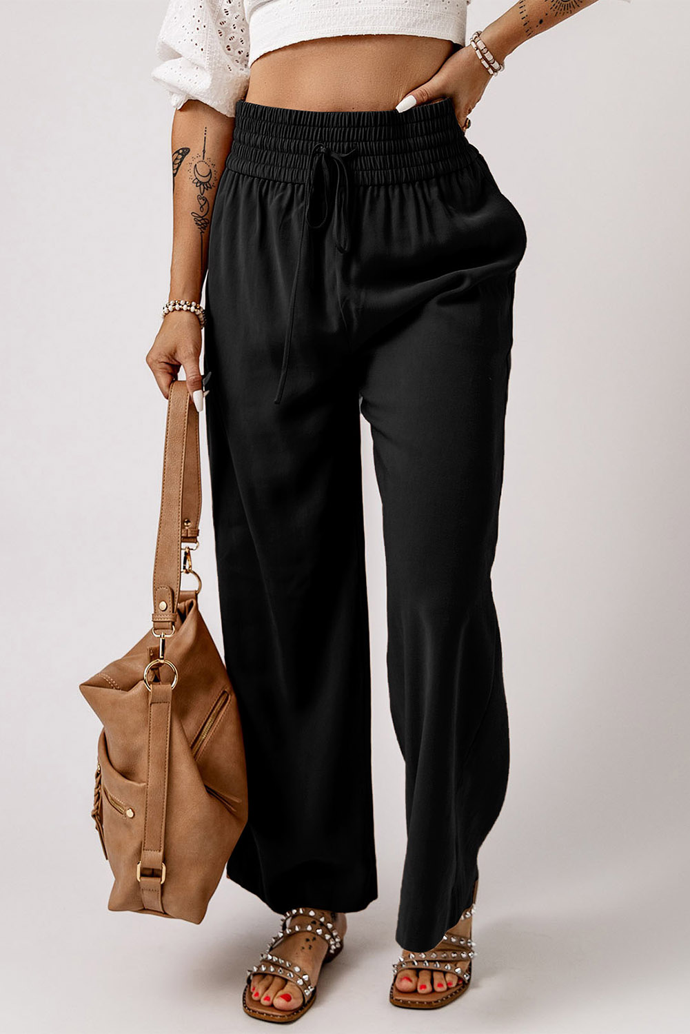 6 4 Black Drawstring Elastic Waist Casual Wide Leg Pants Wholesale