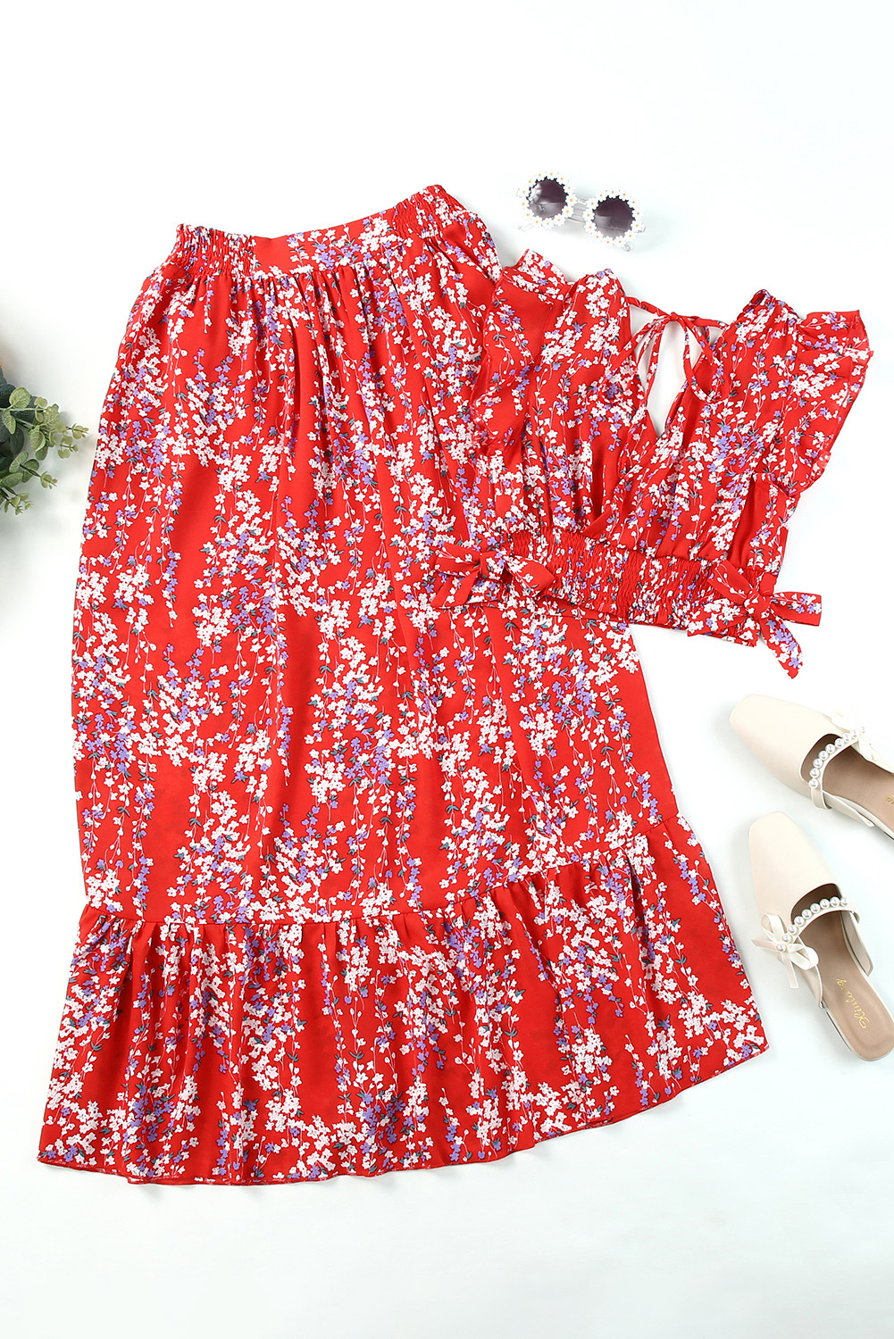$12.3 Fiery Red Multicolor Floral Ruffled Crop Top and Maxi Skirt Set ...