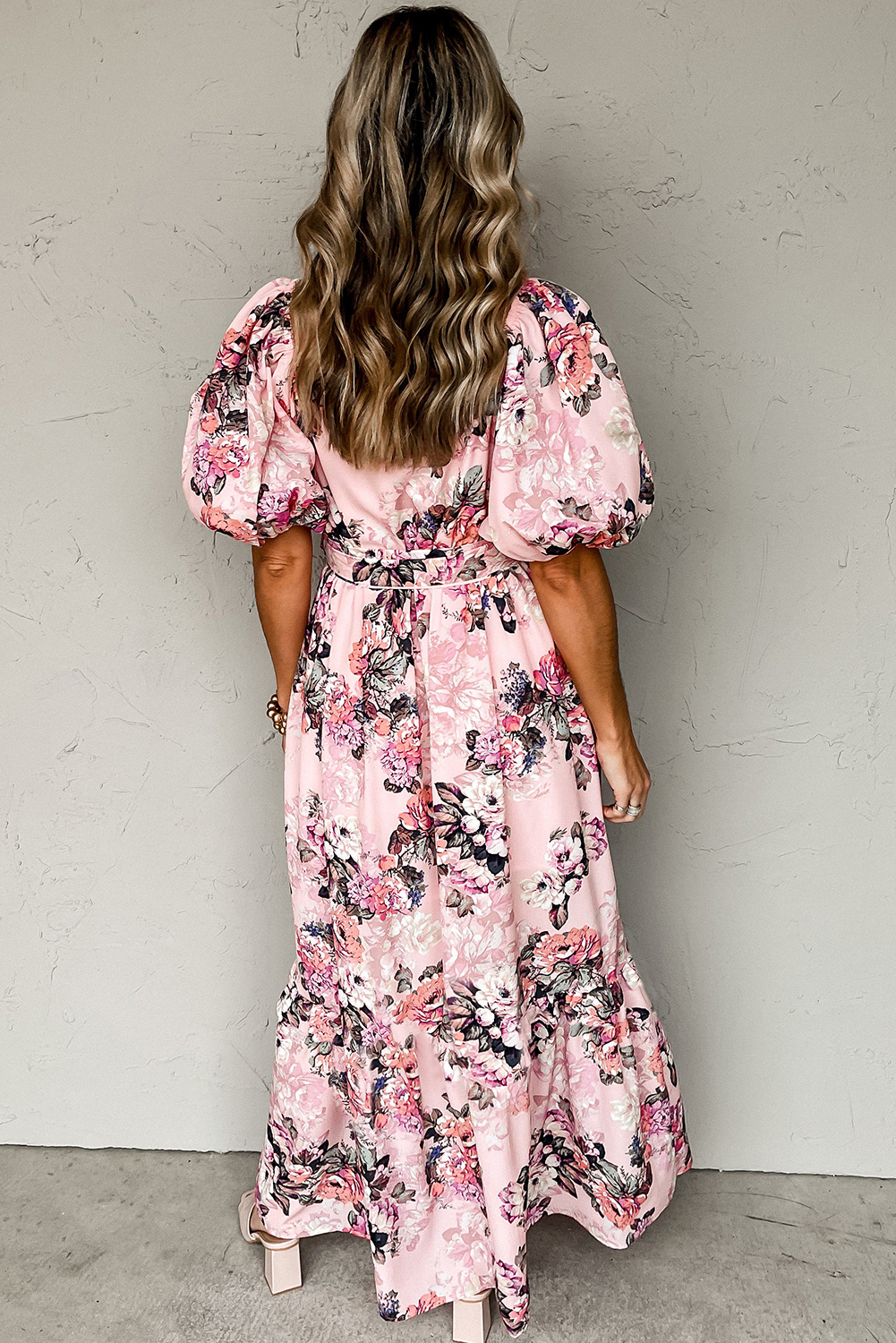 Pink Plus Size Floral Square Neck Puff Sleeve Ruffle Maxi Dress