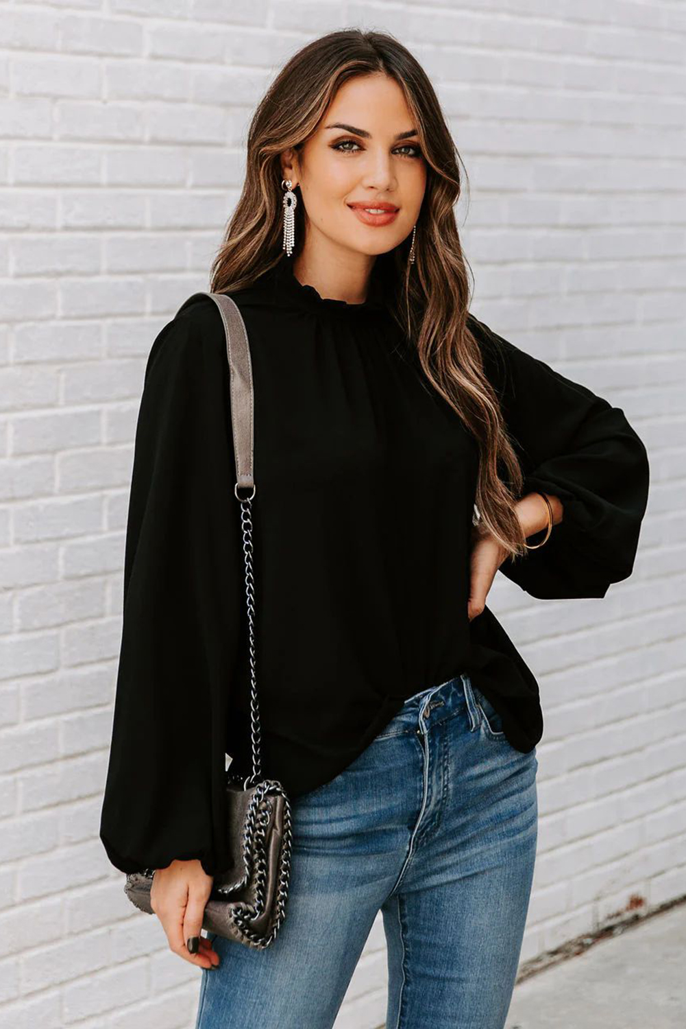 Frill Neck Smock Blouse Black