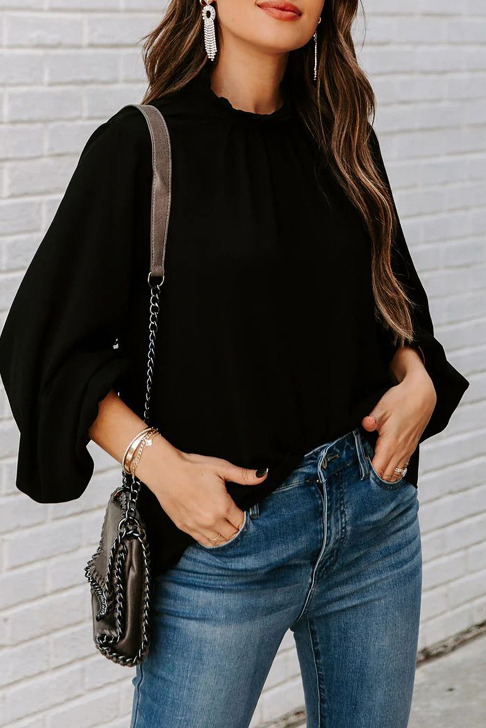 Frill Mock Neck Puff Sleeve Blouse main image 1