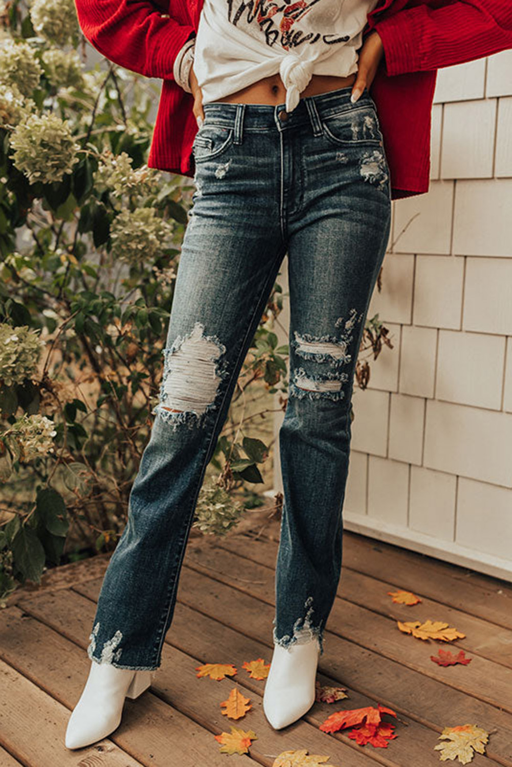Subtle Ripped Detail Flare Bottom Jeans
