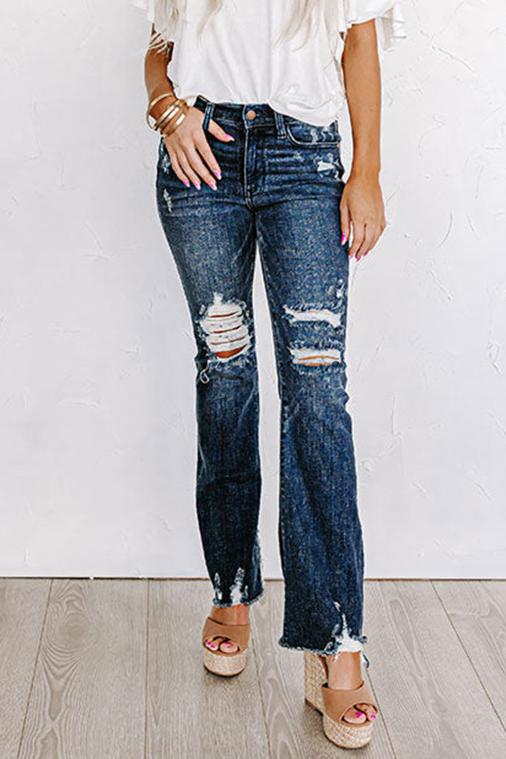 Subtle Ripped Detail Flare Bottom Jeans main image 0