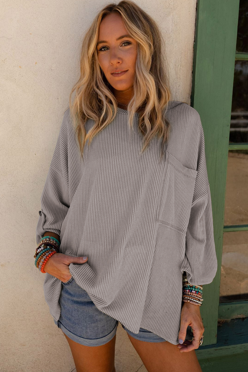 $8.1 Gray Ribbed Roll-tab Sleeve Chest Pocket Oversize Top Wholesale
