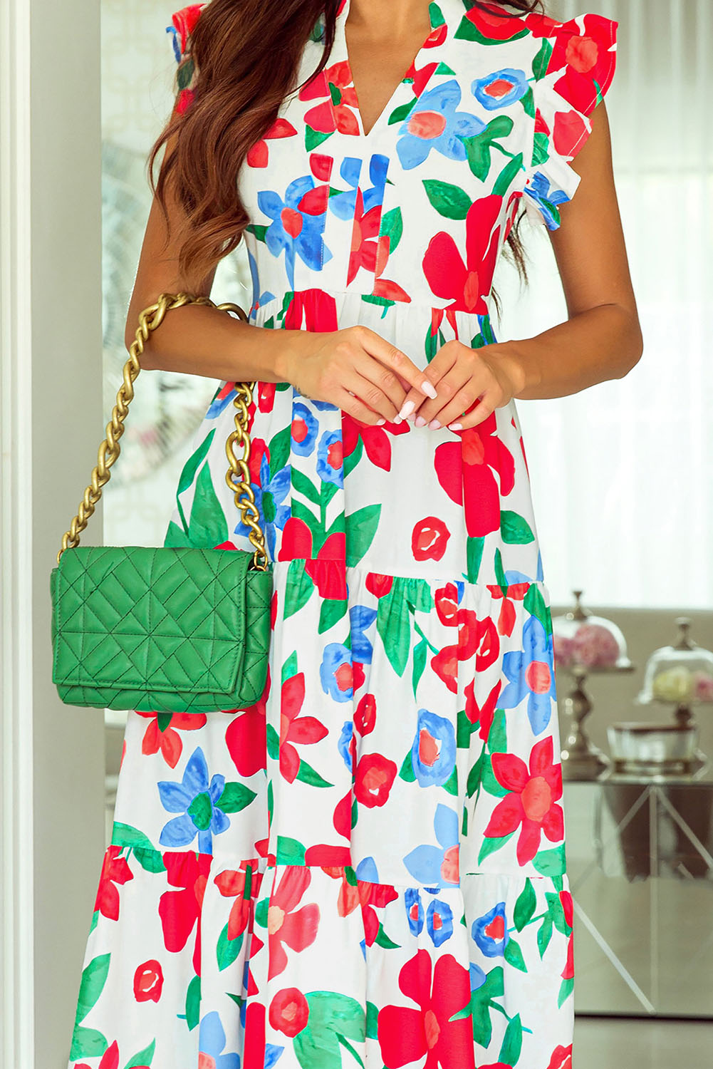 $11.5 Multicolor Flutter Sleeve V Neck High Waist Floral Midi Dress ...