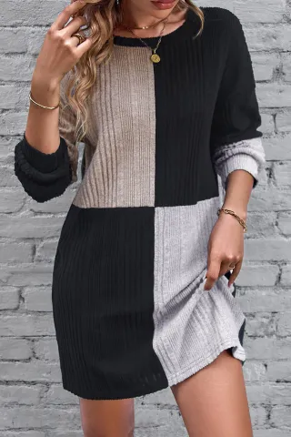 Black Ribbed Color Block Drop Shoulder Long Sleeve Mini Dress Black Ribbed Color Block Drop Shoulder Long Sleeve Mini Dress