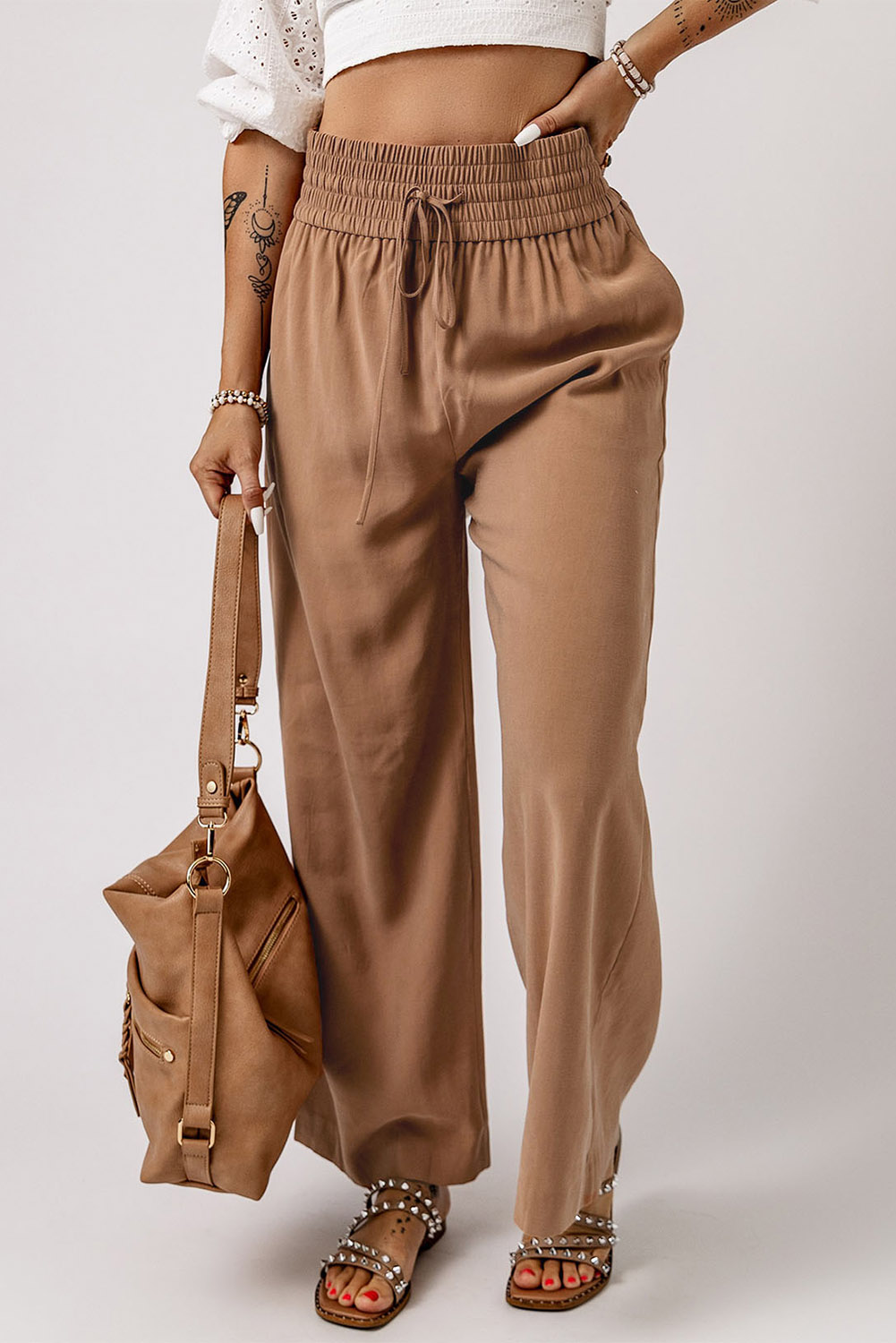 6 4 Brown Drawstring Elastic Waist Casual Wide Leg Pants Wholesale