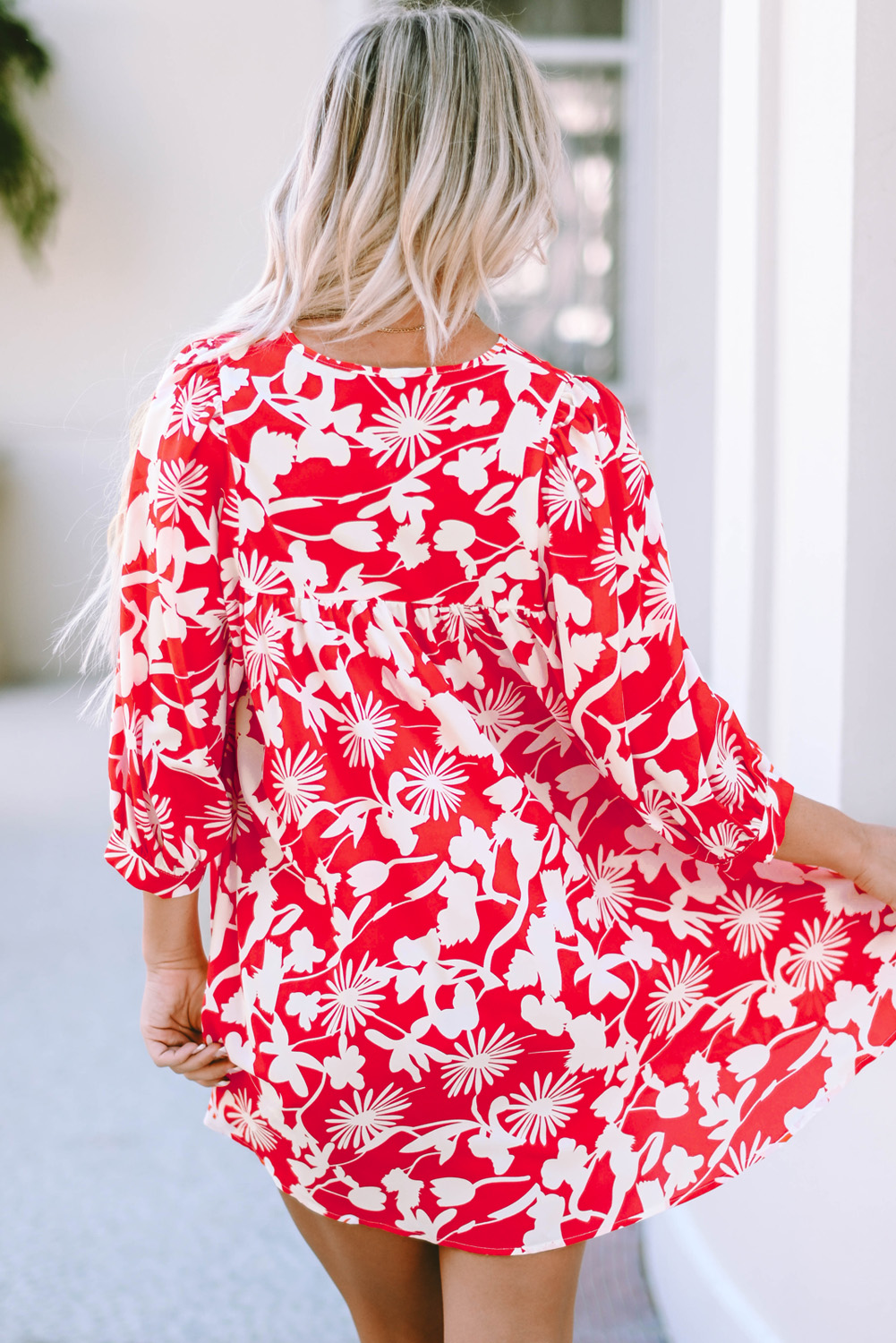 $5.99 Fiery Red Floral Print Puff Sleeve Split Neck Babydoll Mini Dress ...