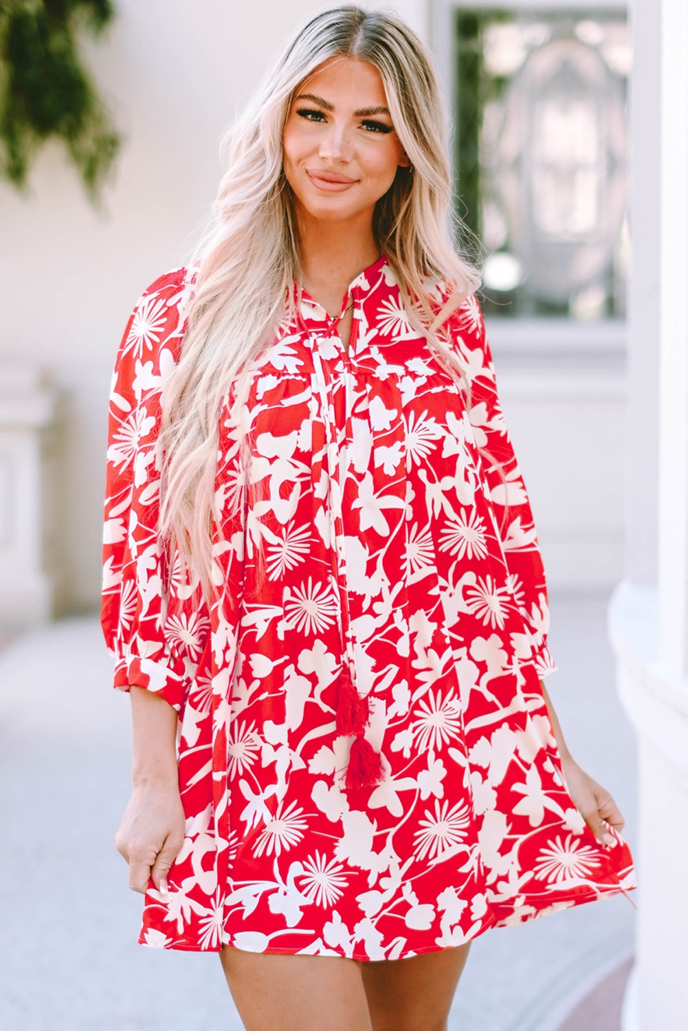$5.99 Fiery Red Floral Print Puff Sleeve Split Neck Babydoll Mini Dress ...