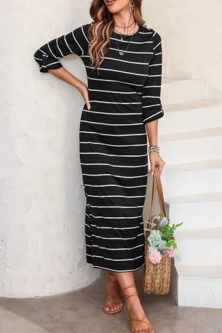 Black Striped Casual Slit Long Dress Black Striped Casual Slit Long Dress