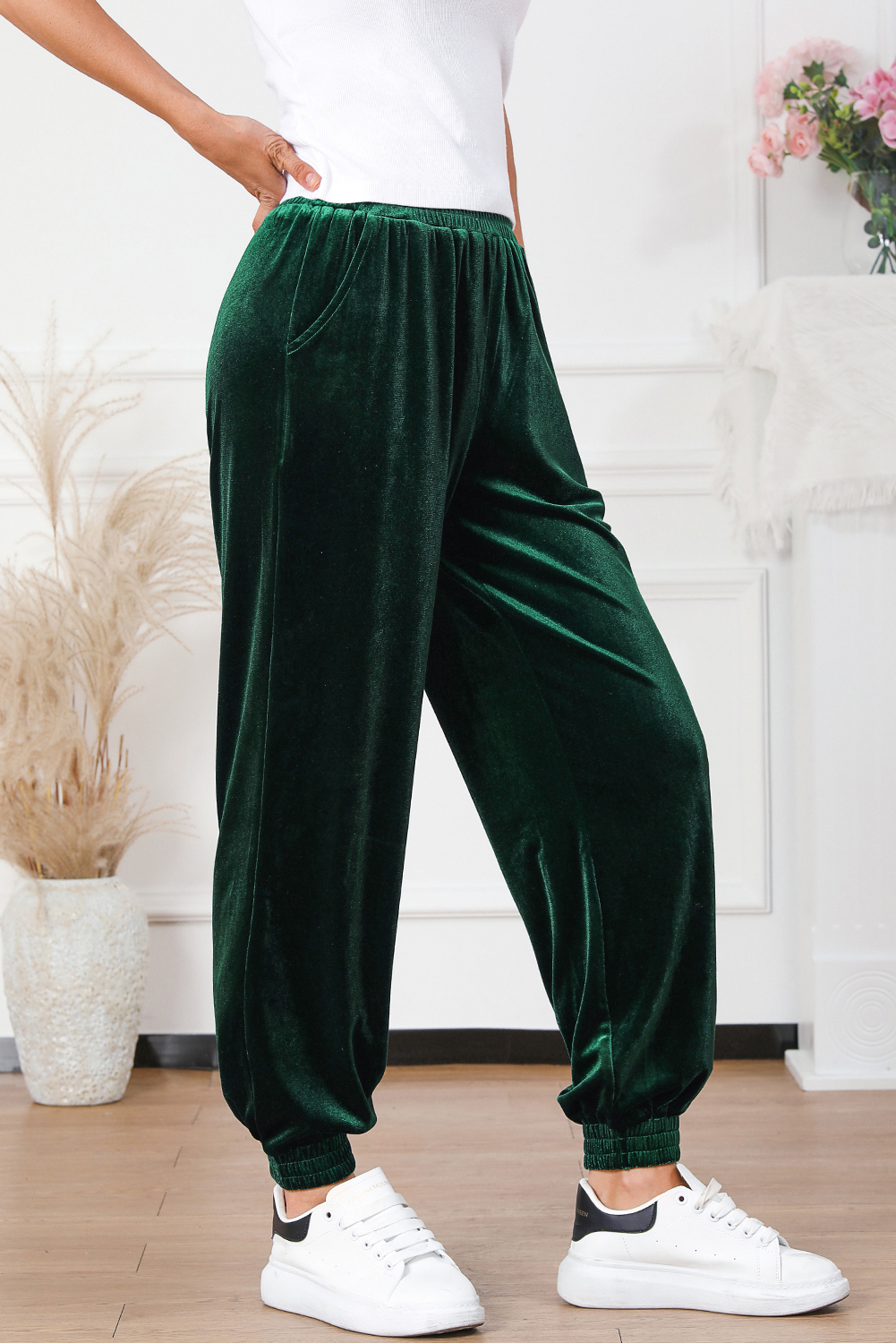 6.46 Green Solid Velvet Jogger Pants Wholesale