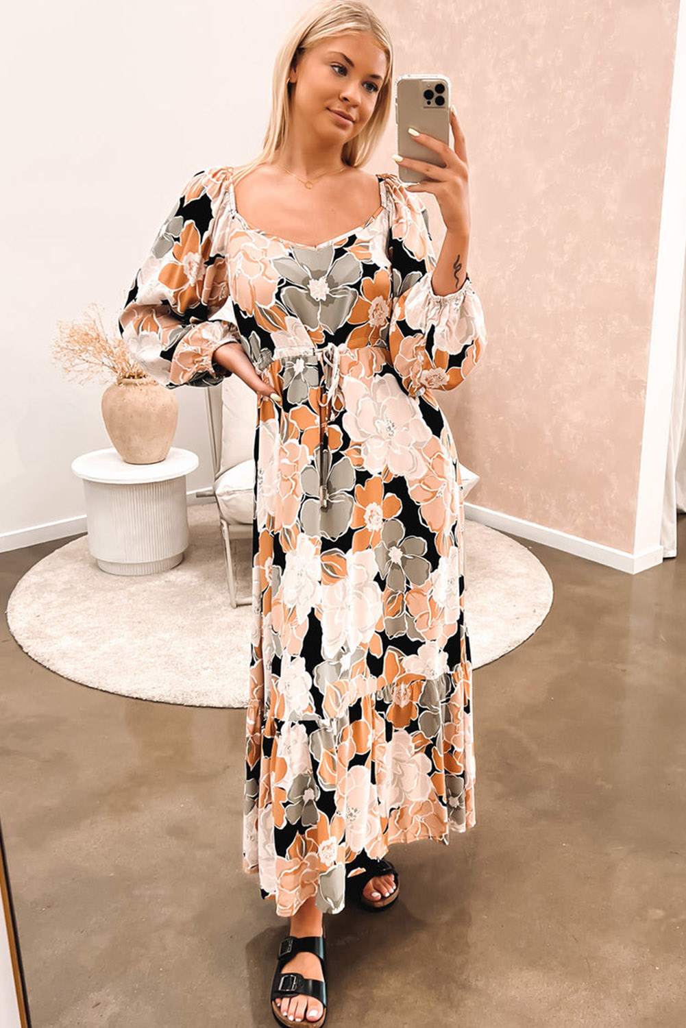 83 Tie Waist Puff Sleeve Bold Floral Maxi Dress Wholesale