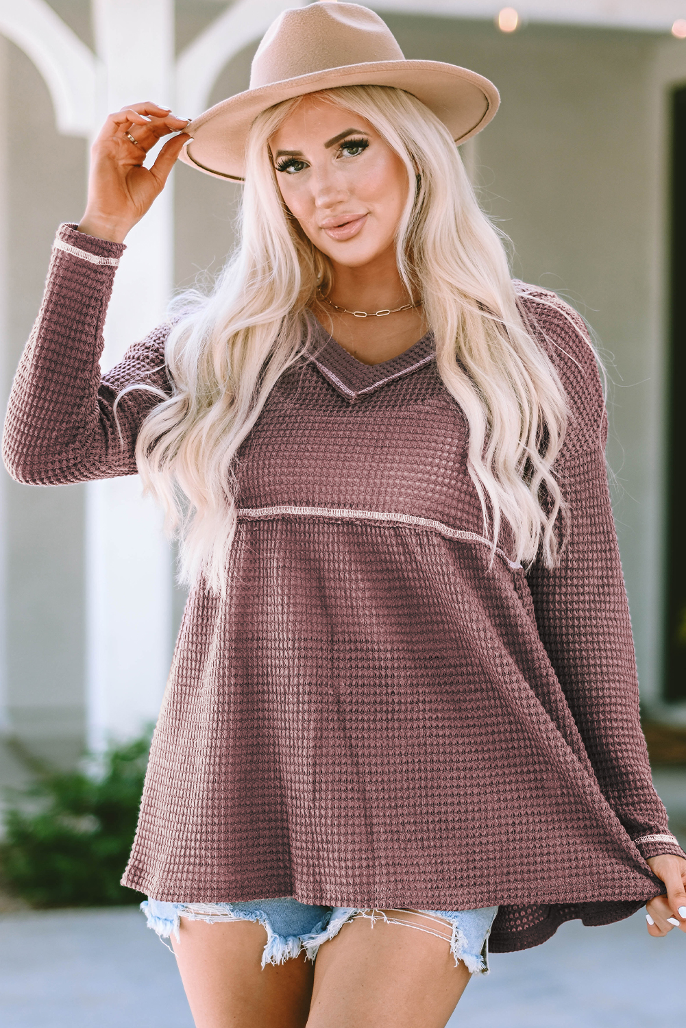 Heimish Full Size Waffle Knit V-Neck Babydoll Top
