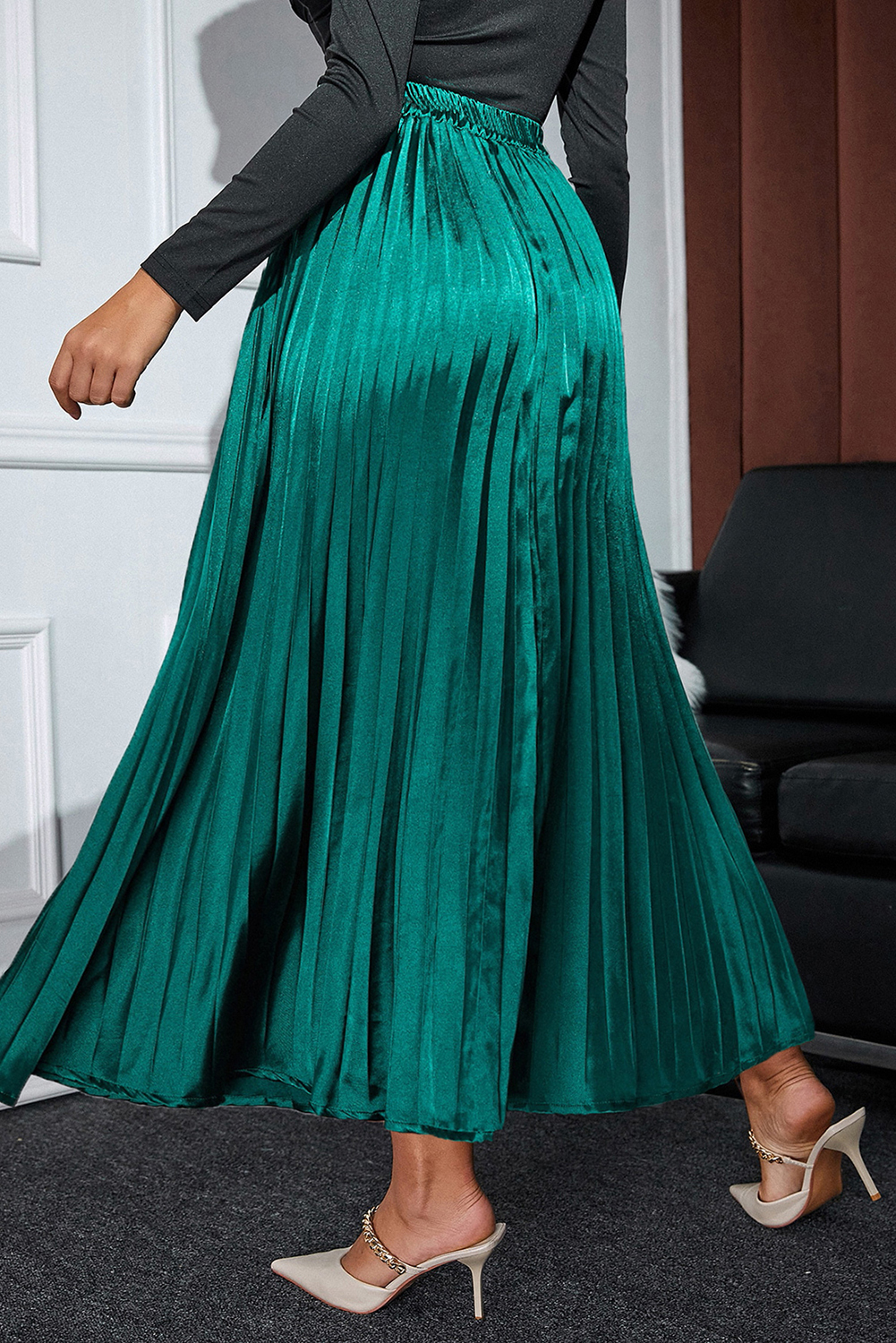 Blackish Green Satin Elastic Waist Pleated Maxi Skirt Wholesale