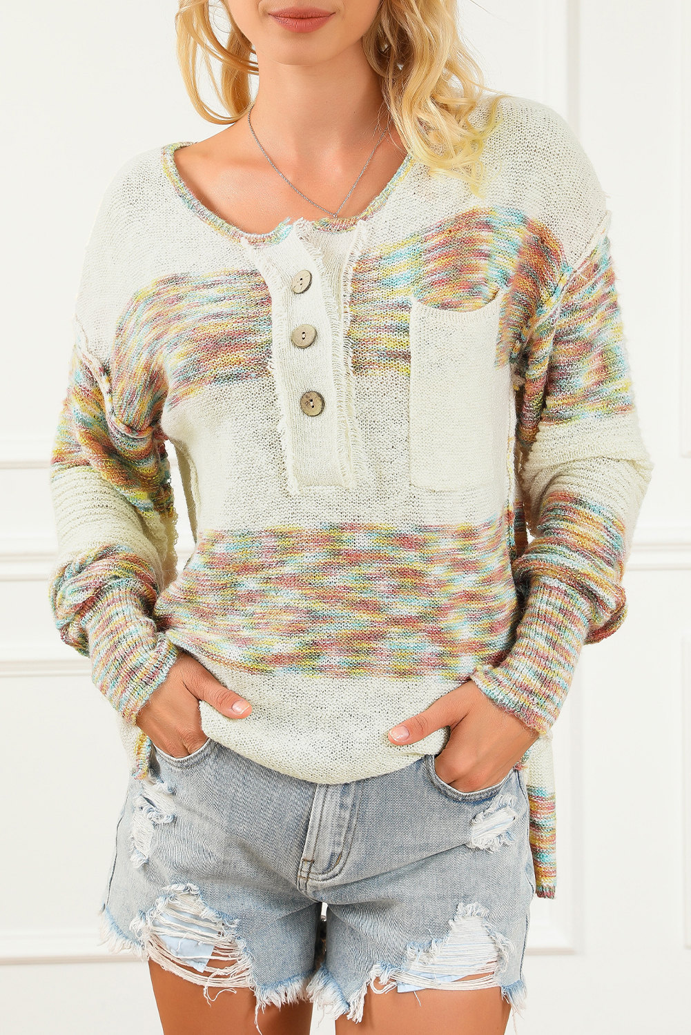 11.5 Multicolor Space Dye Henley Knit Sweater Wholesale