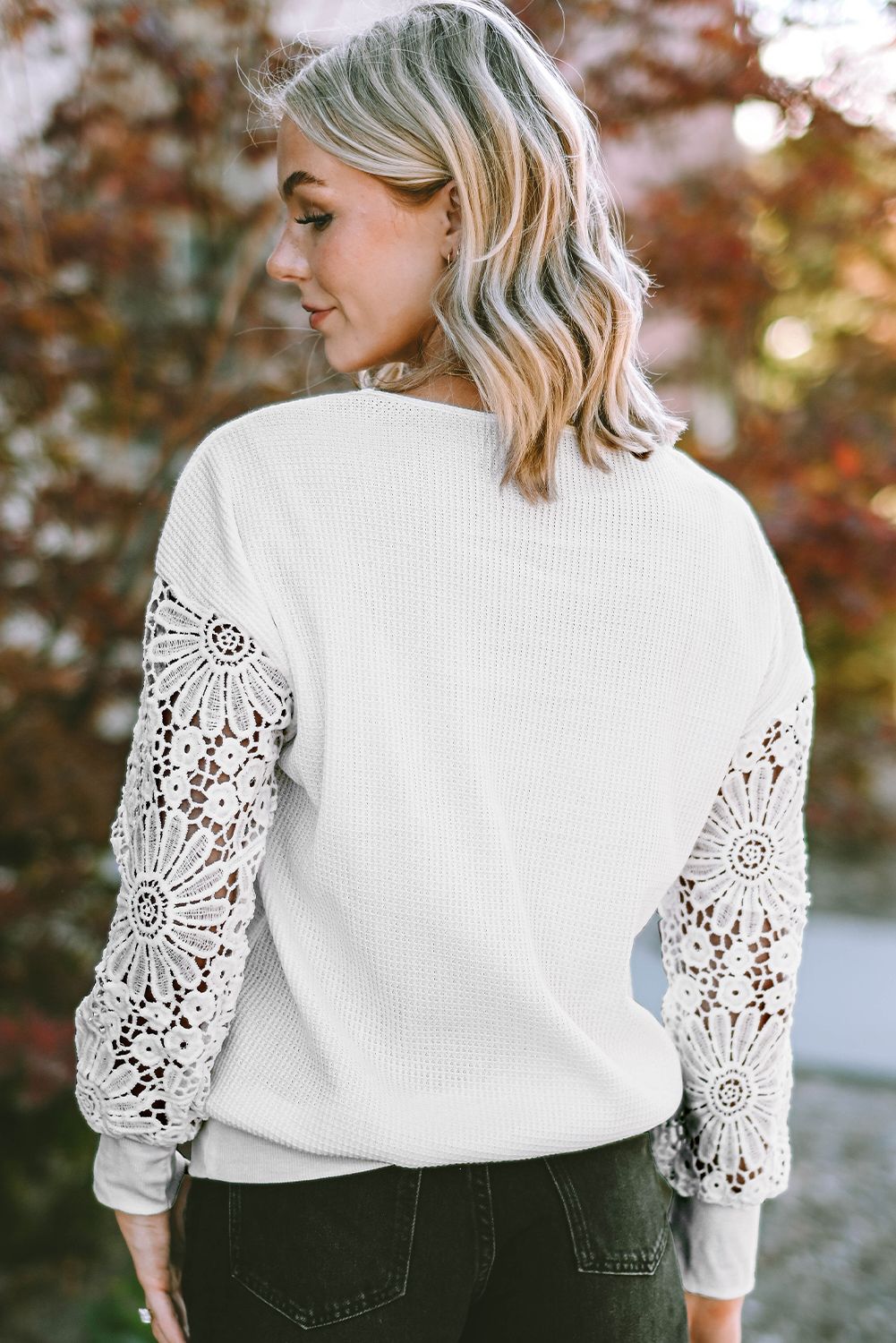 White Lace Splicing V Neck Puff Sleeve Top Wholesale