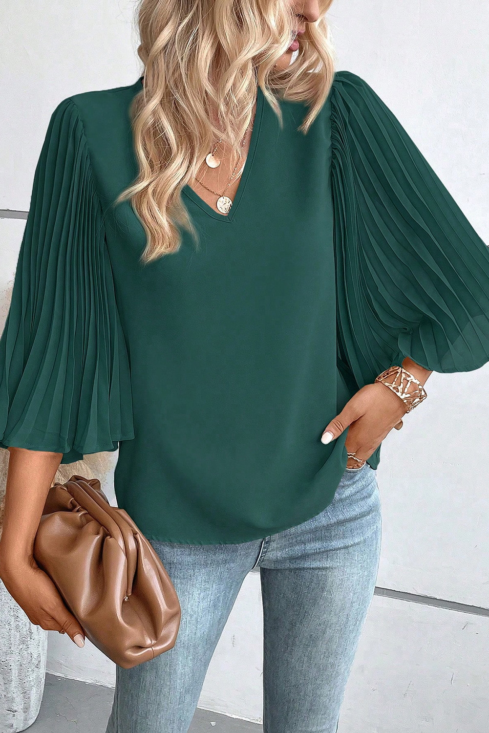 $5.02 Blackish Green 3/4 Pleated Bell Sleeve V Neck Blouse Wholesale