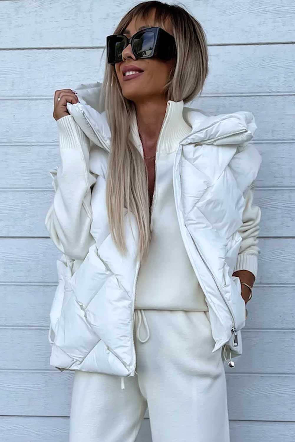 Hooded Pocketed Quilted Long Vest Coat