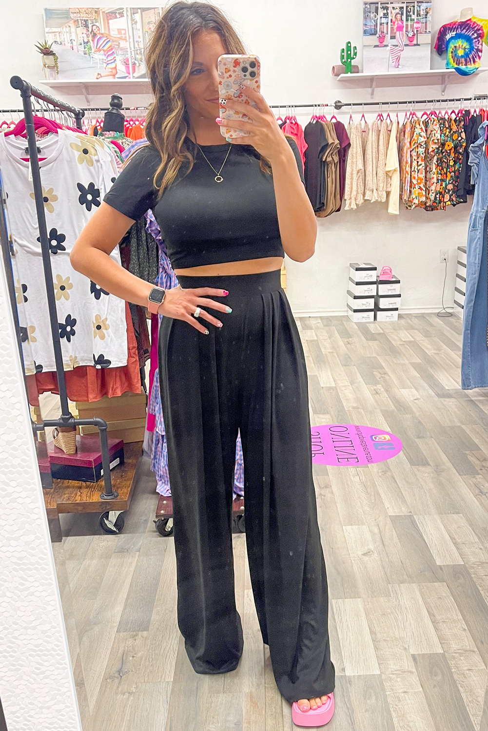 Striped Collared Crop Top & Wide-Leg Pants Sets