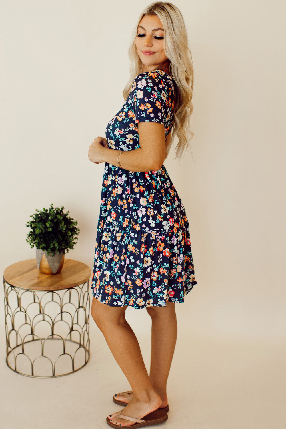 Puff Sleeves Blue Floral Print A-line Short Dress