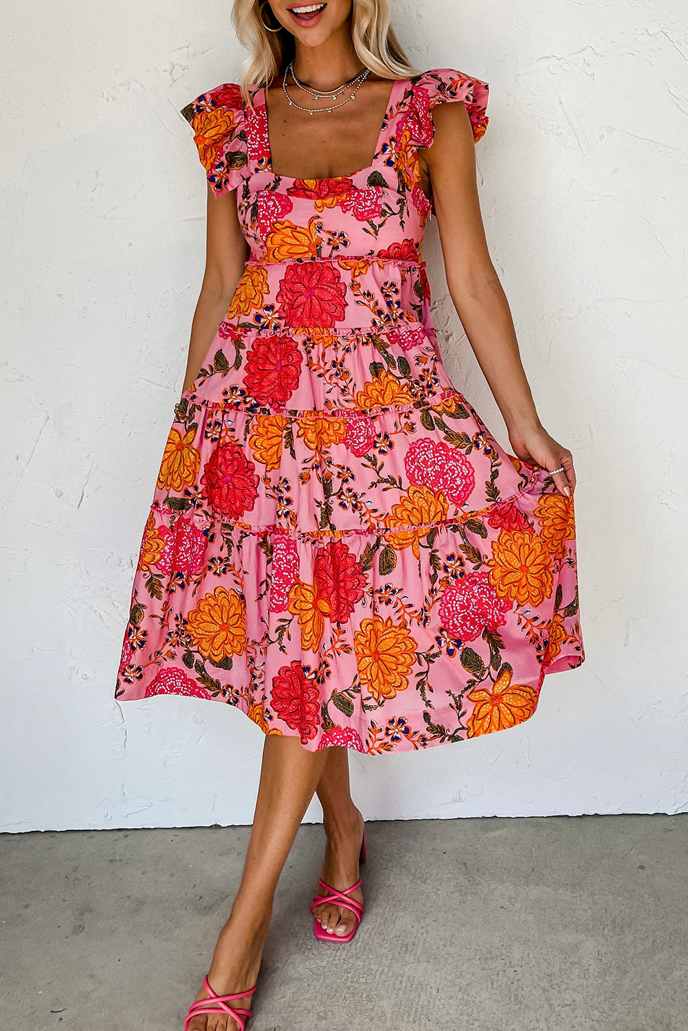 $12.11 Pink Floral Square Neck Ruffled Flutter Sleeve Tiered Midi Dress ...