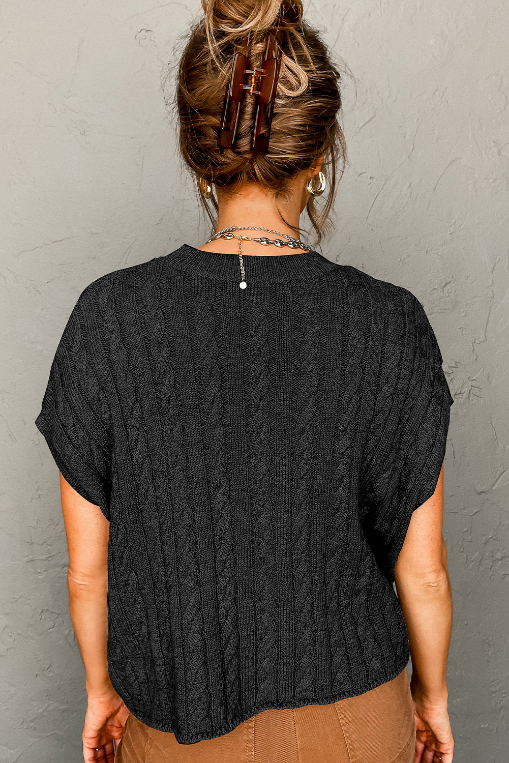Crew Neck Cable Knit Short Sleeve Sweater (Grey)