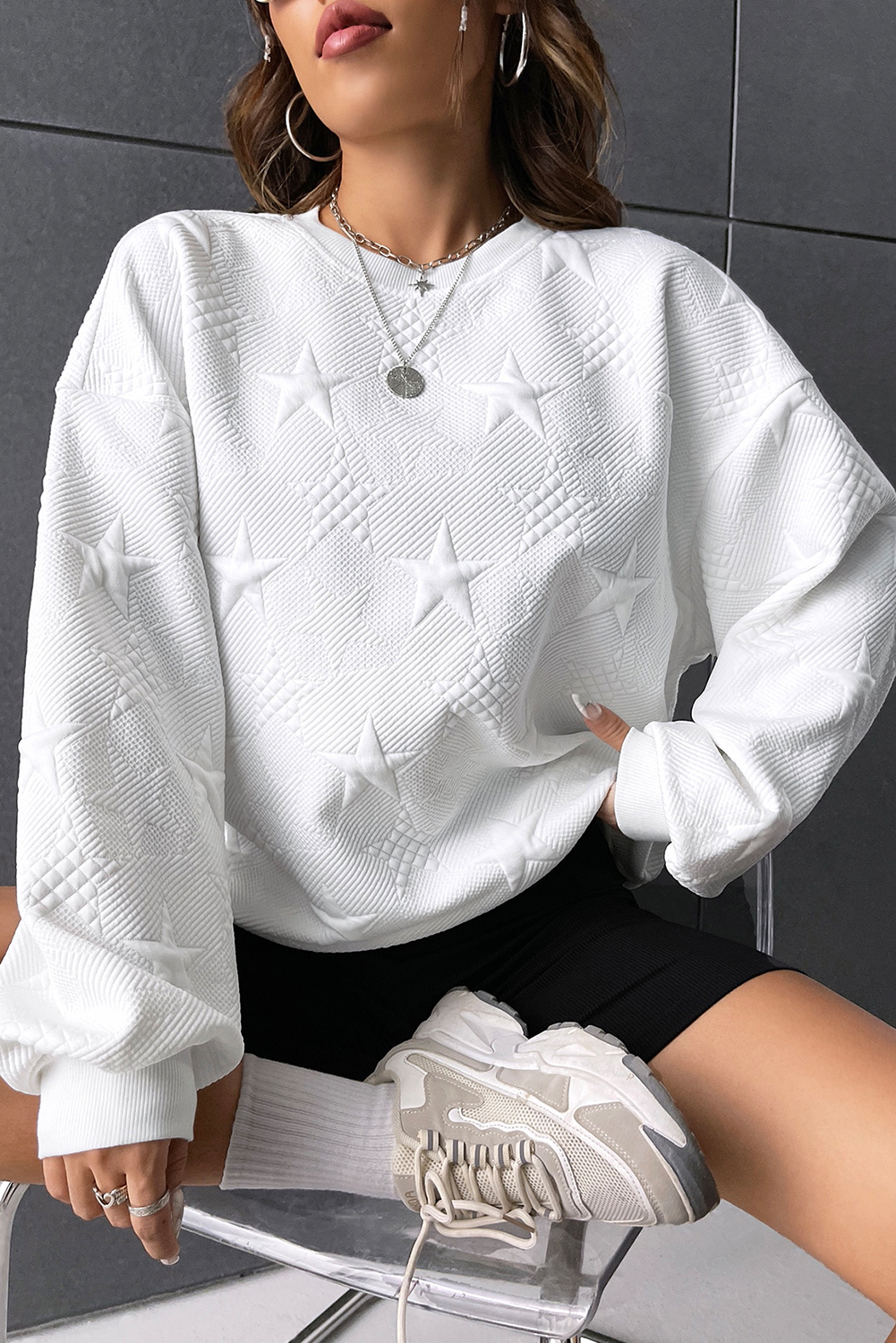 6.01 White Star Embossed Textured Drop Shoulder Sweatshirt Wholesale