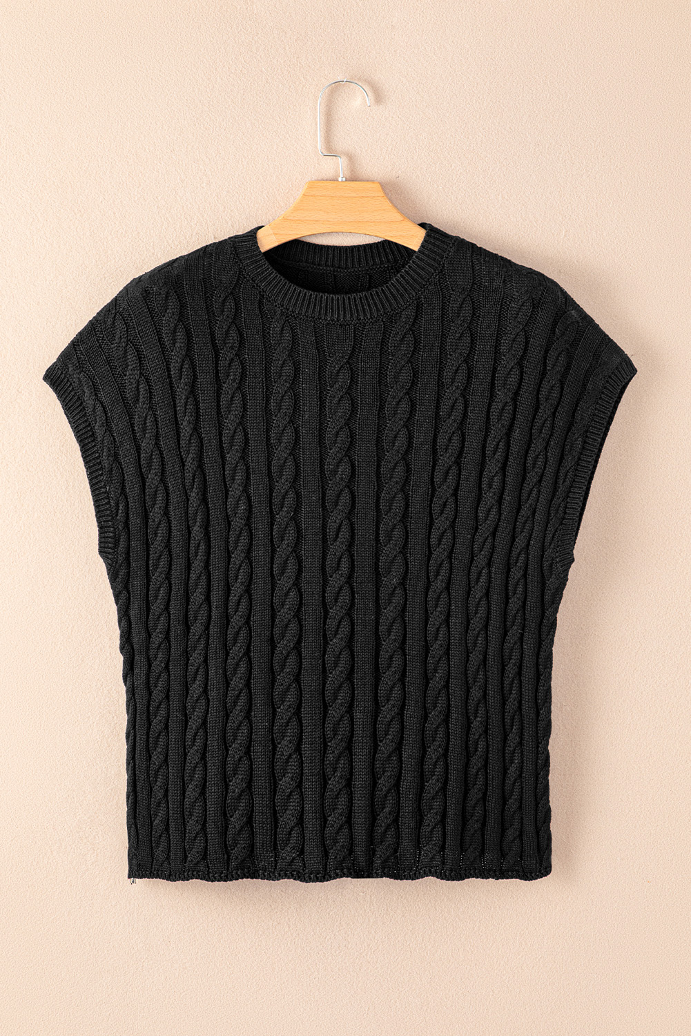 7.51 Black Crew Neck Cable Knit Short Sleeve Sweater Wholesale